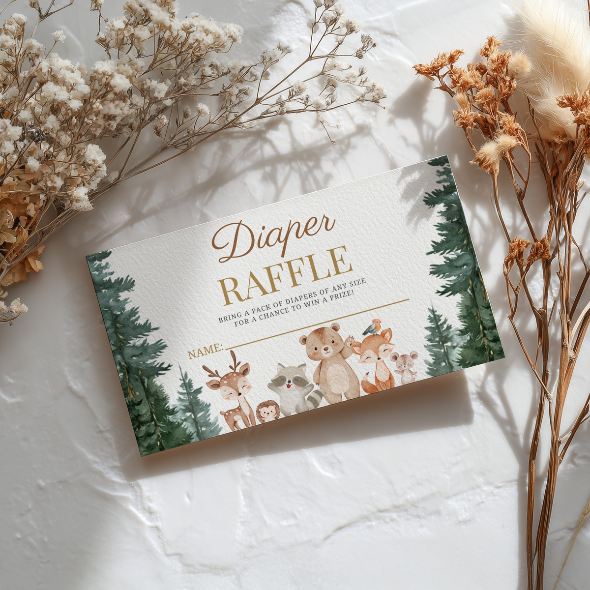Woodland Baby Shower Diaper Raffle Card, Printable Nappy Raffle Cards