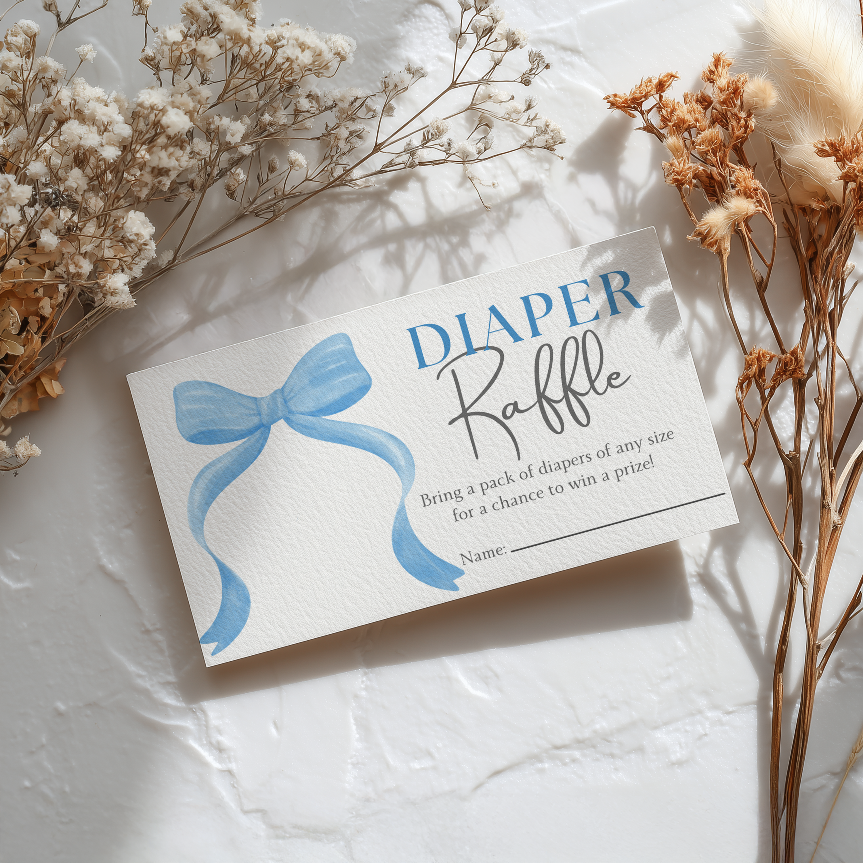 Blue Bow Baby Shower Diaper Raffle Card, Printable Nappy Raffle Cards 9304