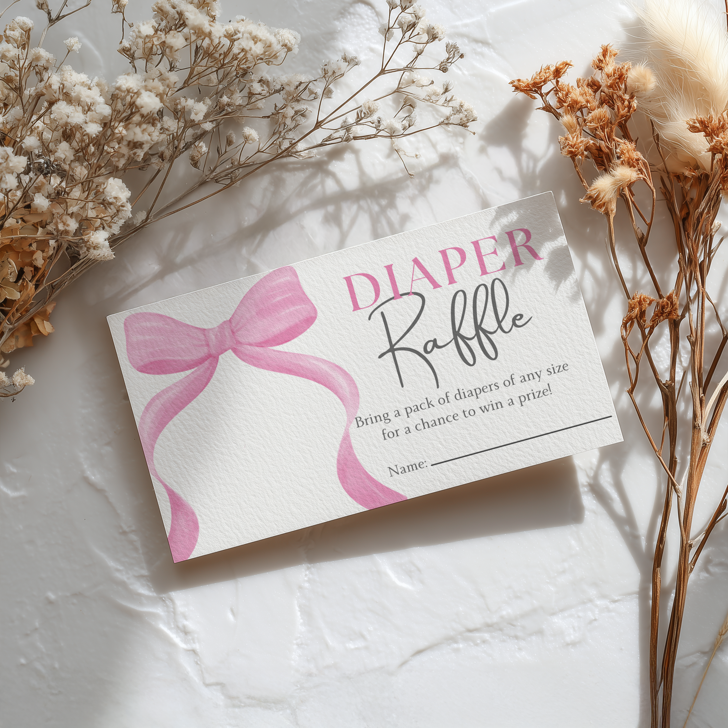 Pink Bow Baby Shower Diaper Raffle Card, Baby Girl, Coquette Printable Nappy Raffle Cards 9303