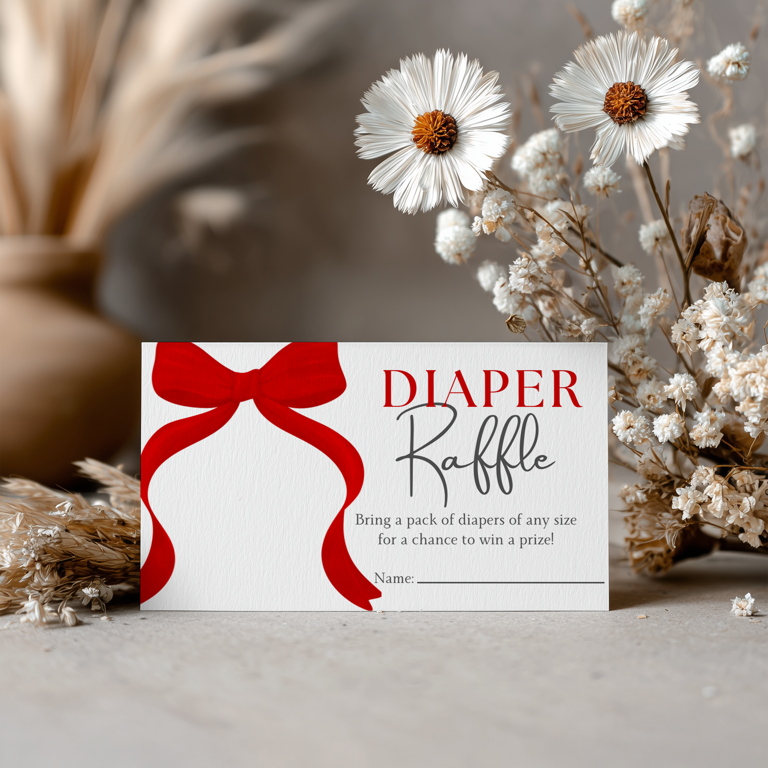 Red Bow Baby Shower Diaper Raffle Card, Gender Neutral, Printable Nappy Raffle Cards 9301