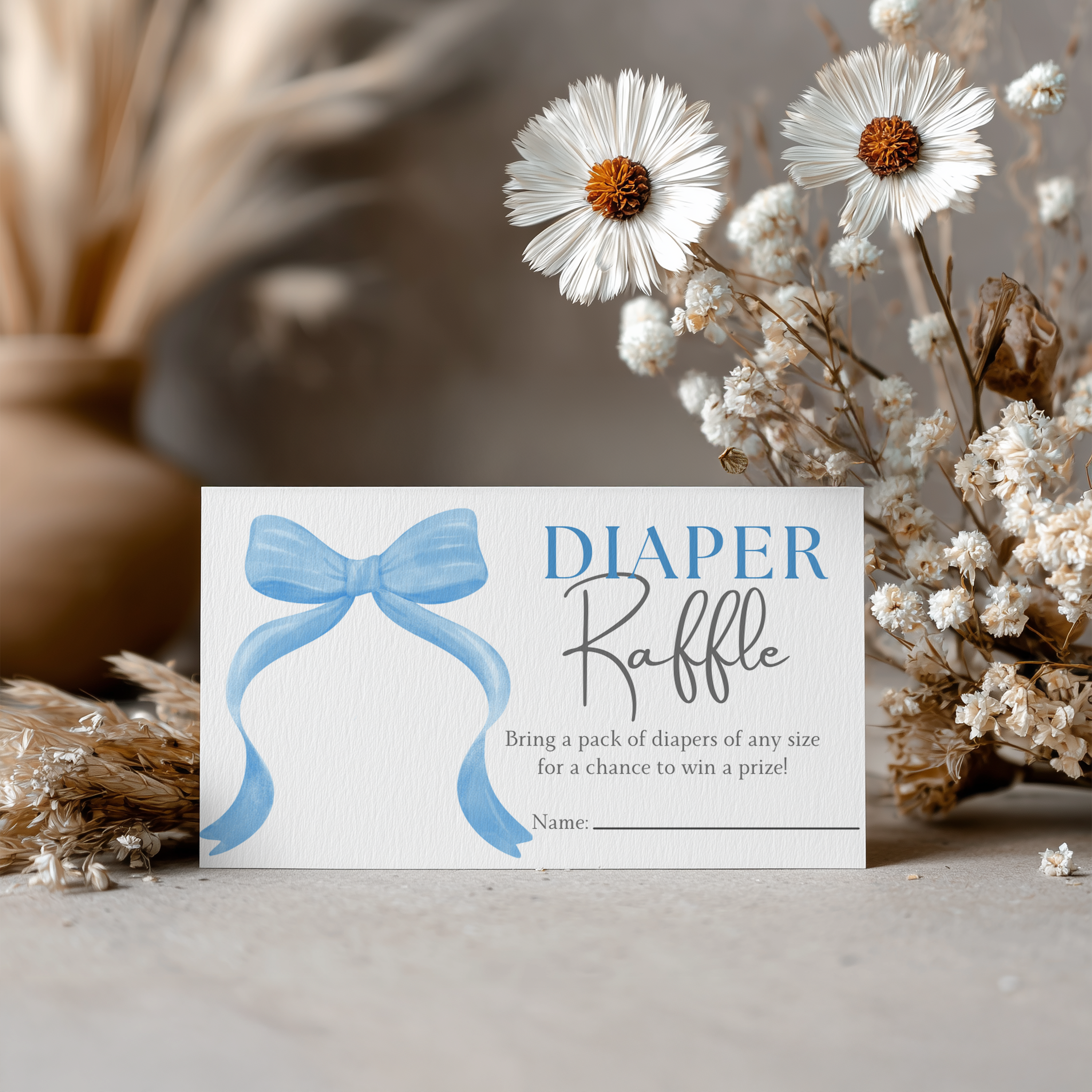 Blue Bow Baby Shower Diaper Raffle Card, Printable Nappy Raffle Cards 9304