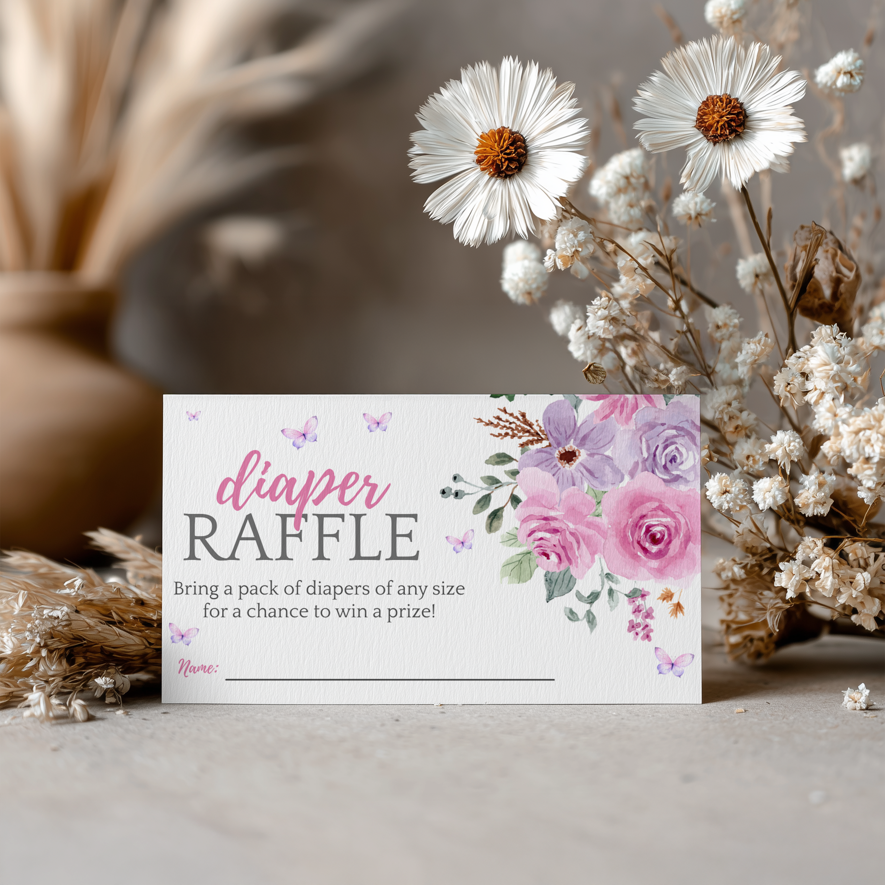 Baby in Bloom Baby Shower Diaper Raffle Card, Lilac Flowers Nappy Cards 9196