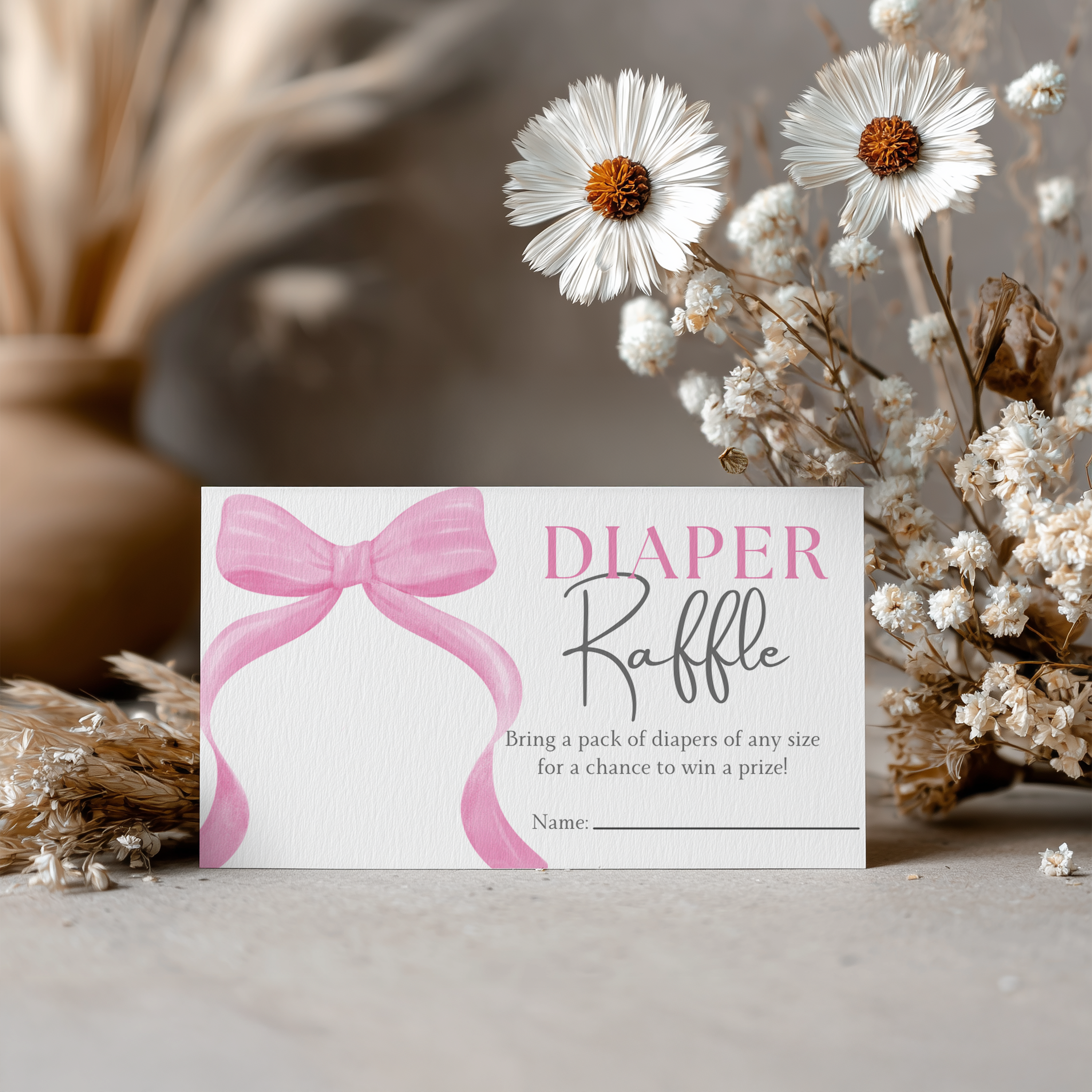 Pink Bow Baby Shower Diaper Raffle Card, Baby Girl, Coquette Printable Nappy Raffle Cards 9303