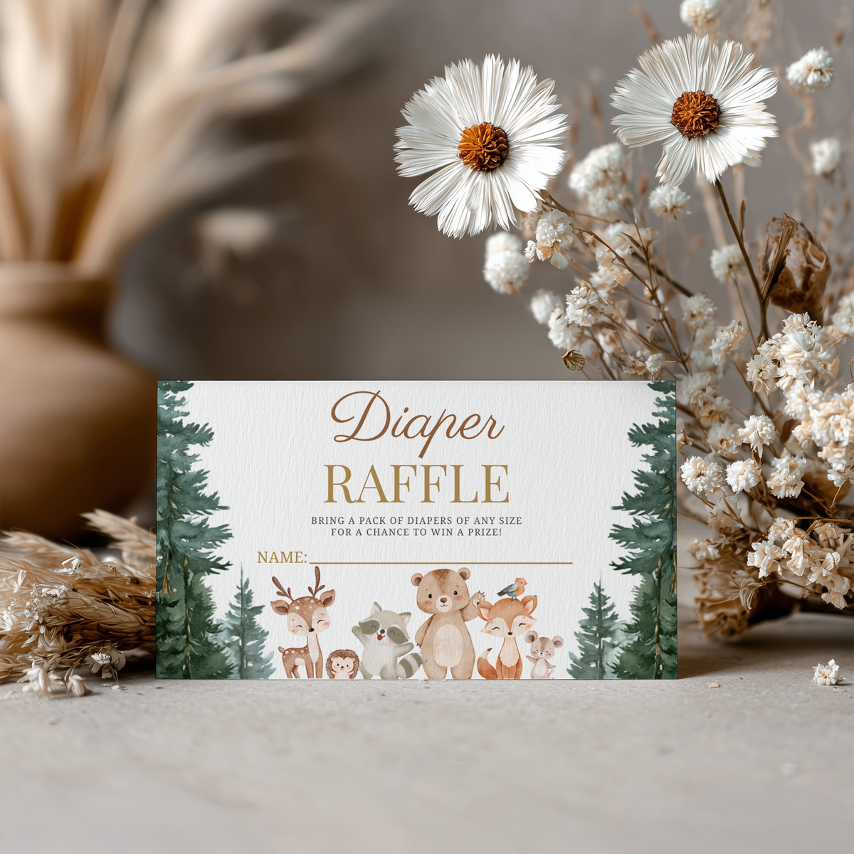 Woodland Baby Shower Diaper Raffle Card, Printable Nappy Raffle Cards
