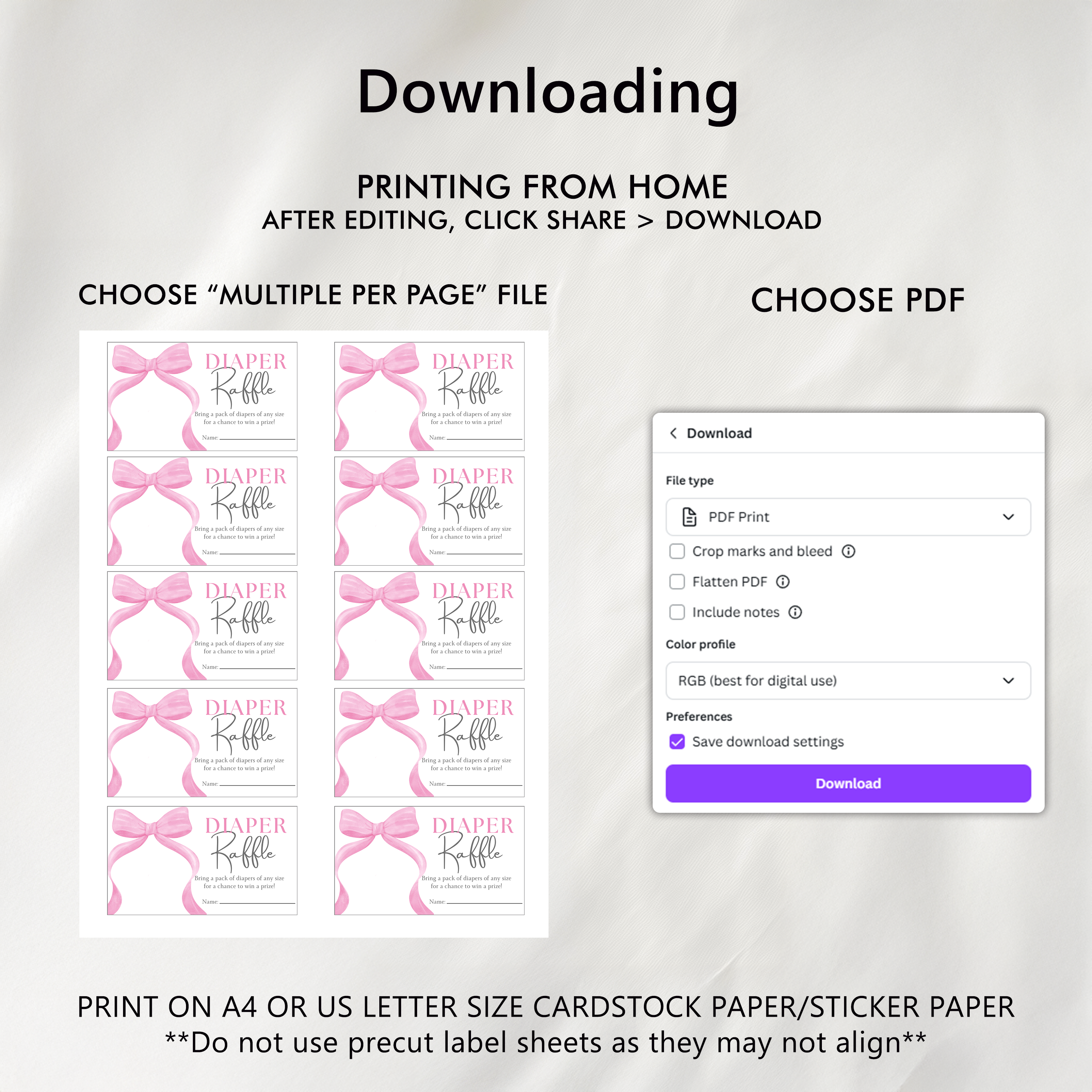 Pink Bow Baby Shower Diaper Raffle Card, Baby Girl, Coquette Printable Nappy Raffle Cards 9303