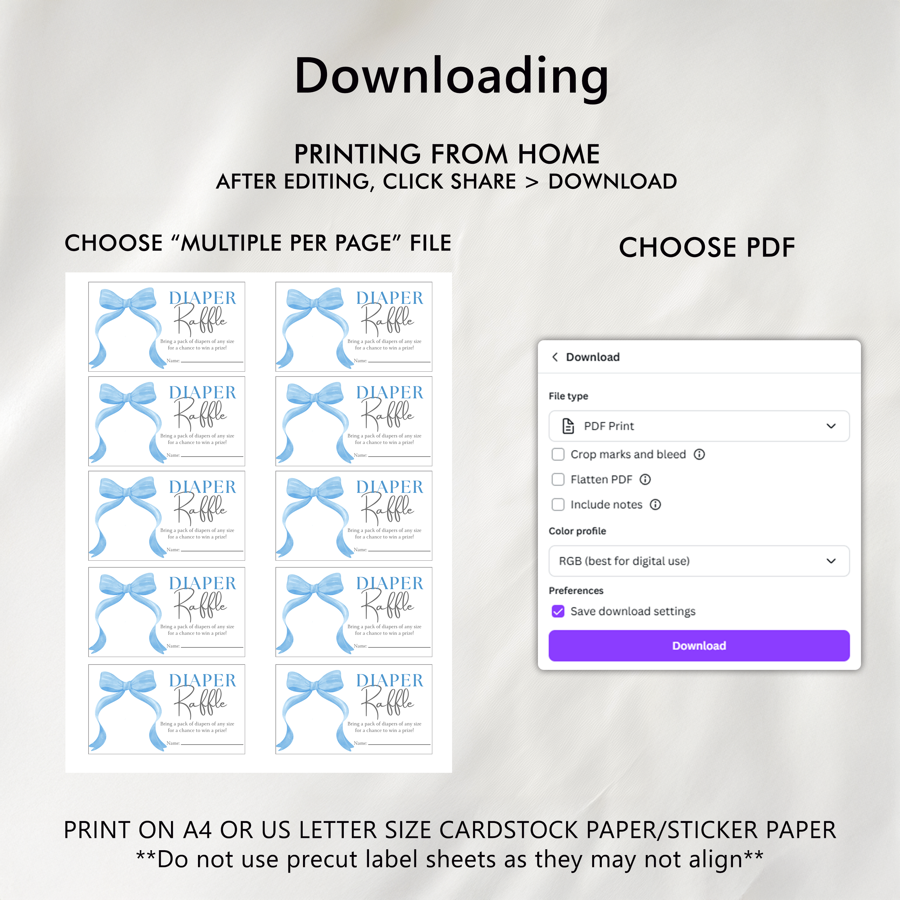 Blue Bow Baby Shower Diaper Raffle Card, Printable Nappy Raffle Cards 9304