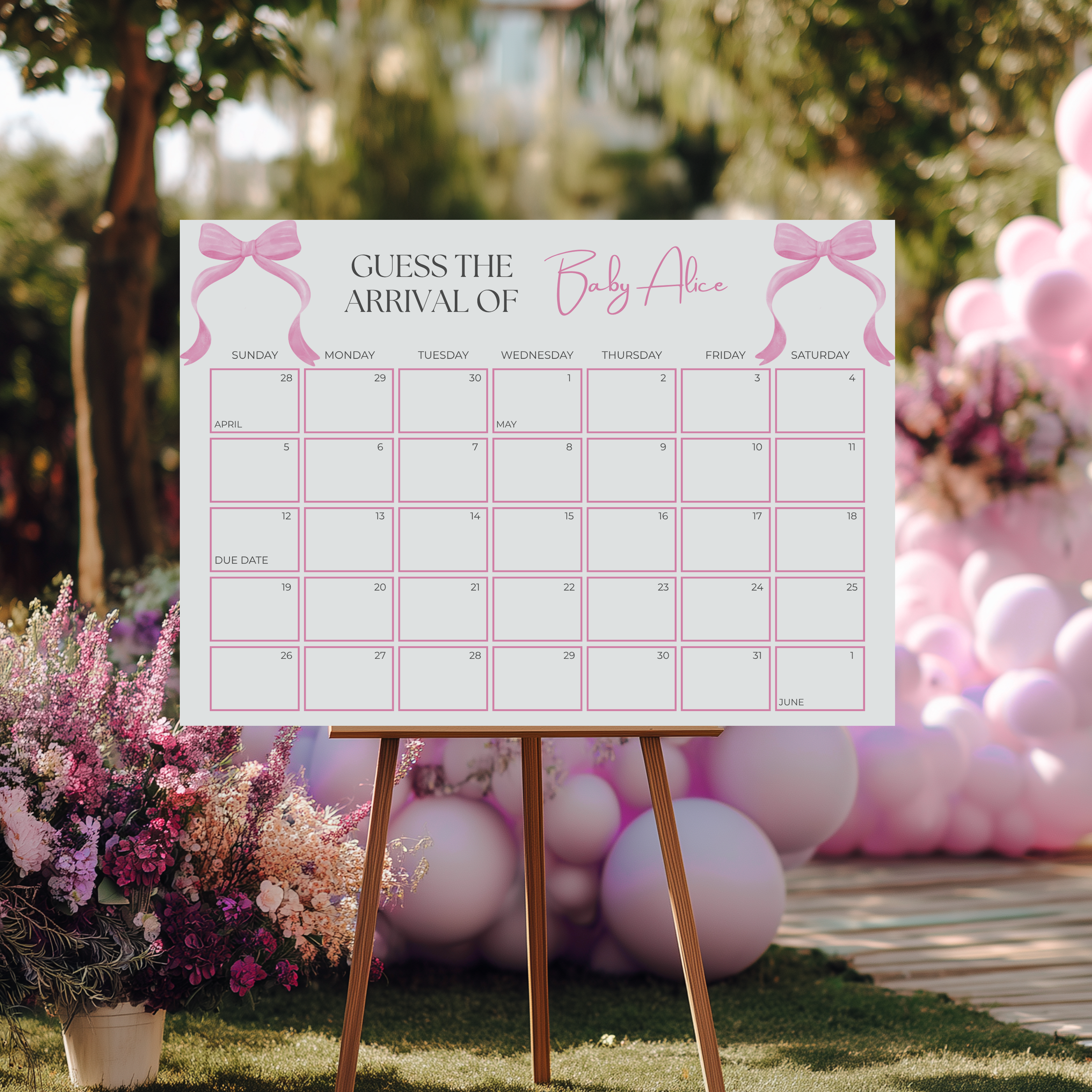 Pink Bow Baby Shower Due Date Calendar, Coquette Baby Girl, Baby Arrival Signs 9303