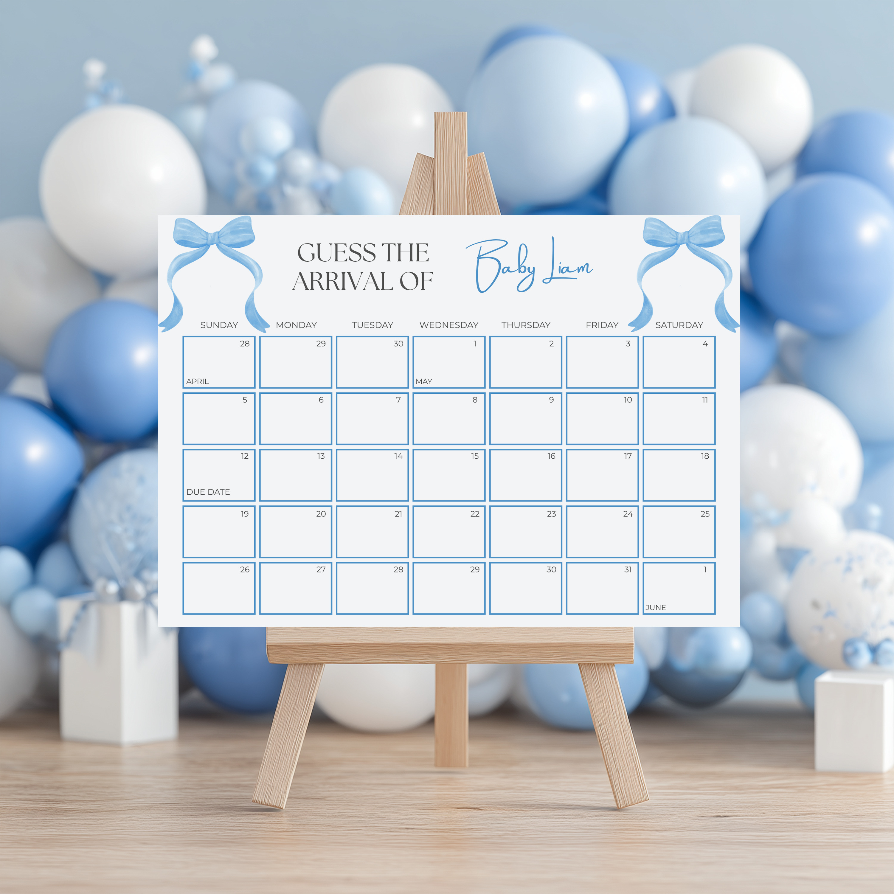 Blue Bow Baby Shower Due Date Calendar, Baby Arrival Signs 9304