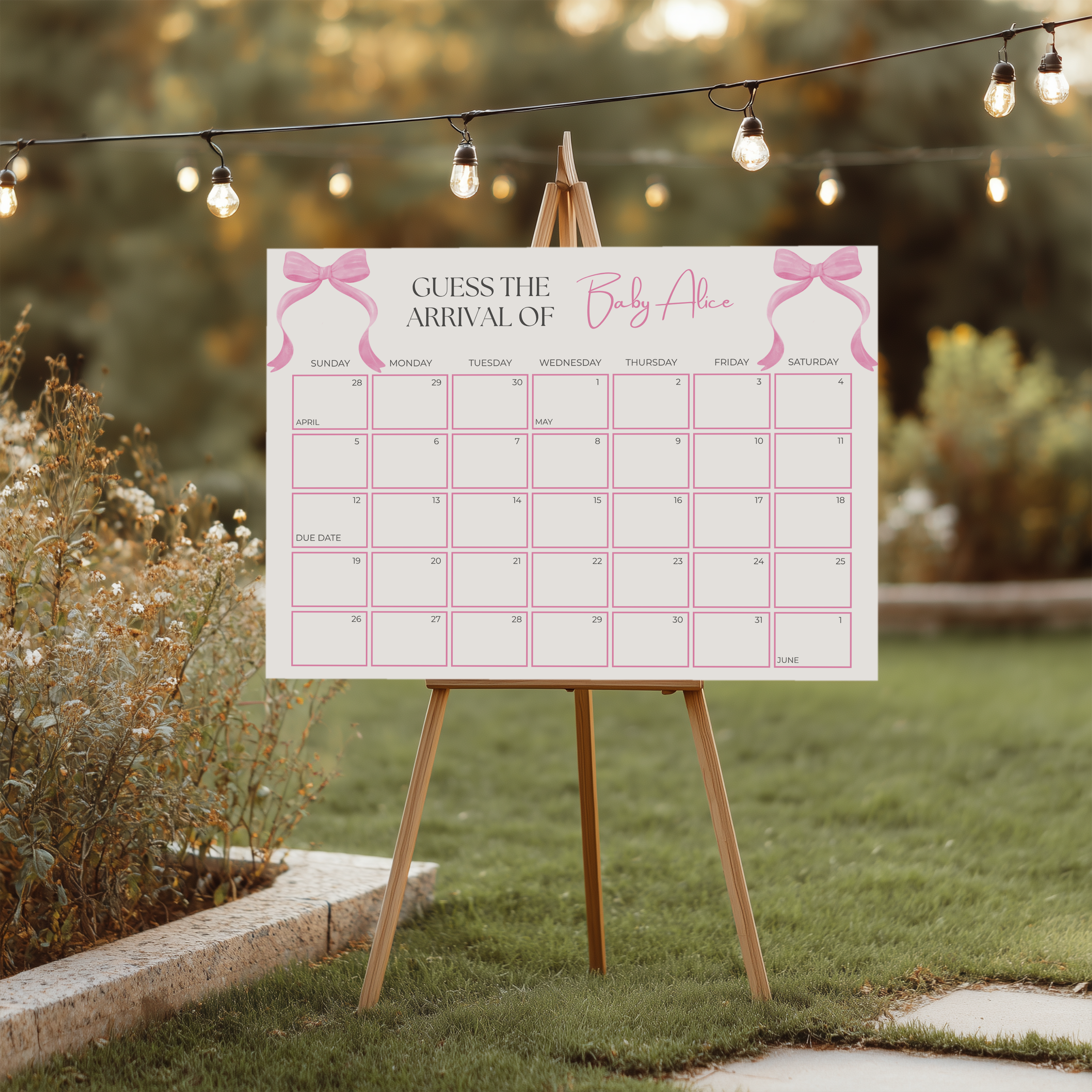 Pink Bow Baby Shower Due Date Calendar, Coquette Baby Girl, Baby Arrival Signs 9303