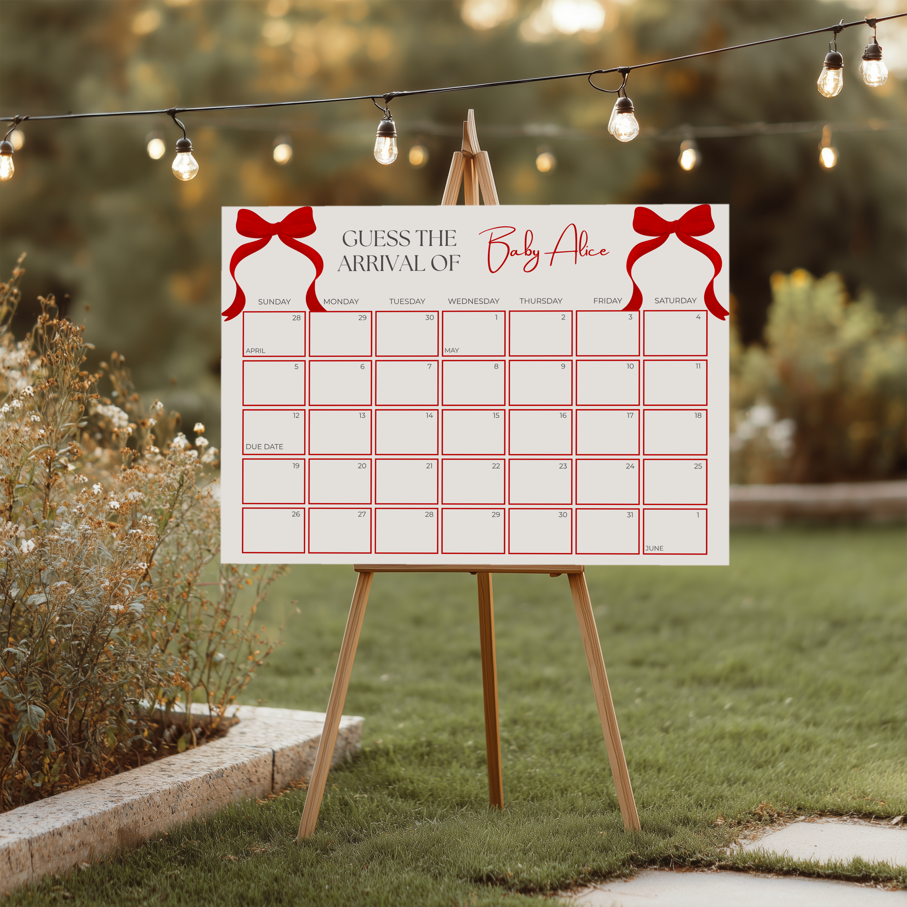 Red Bow Baby Shower Due Date Calendar, Gender Neutral, Baby Arrival Signs 9301