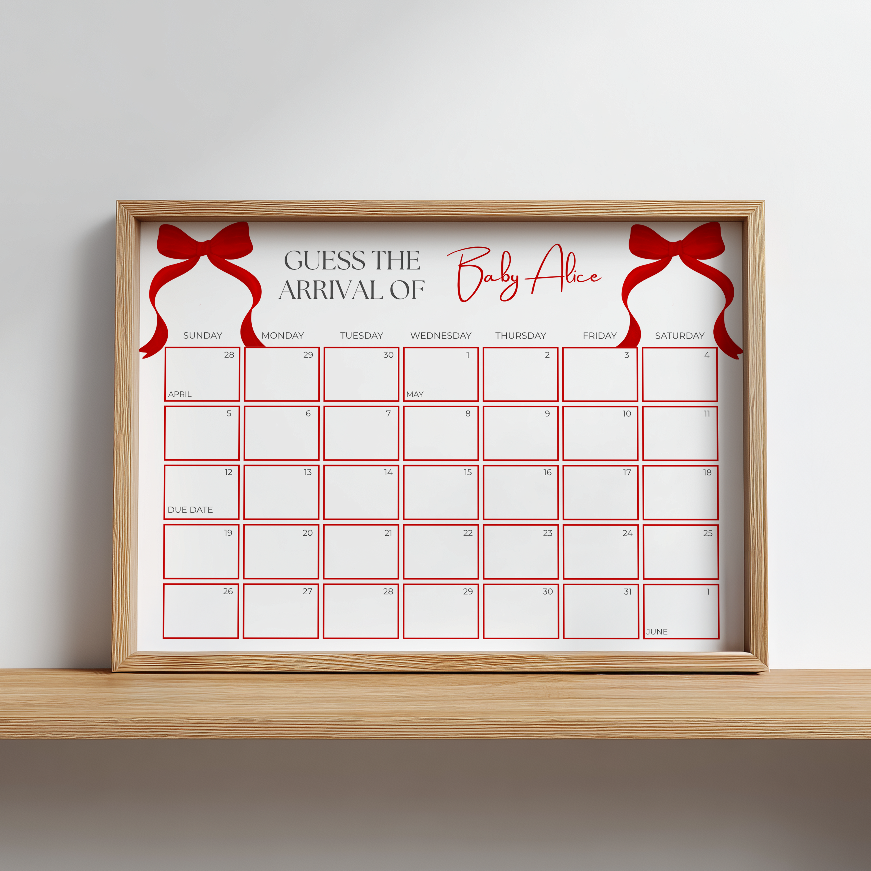 Red Bow Baby Shower Due Date Calendar, Gender Neutral, Baby Arrival Signs 9301
