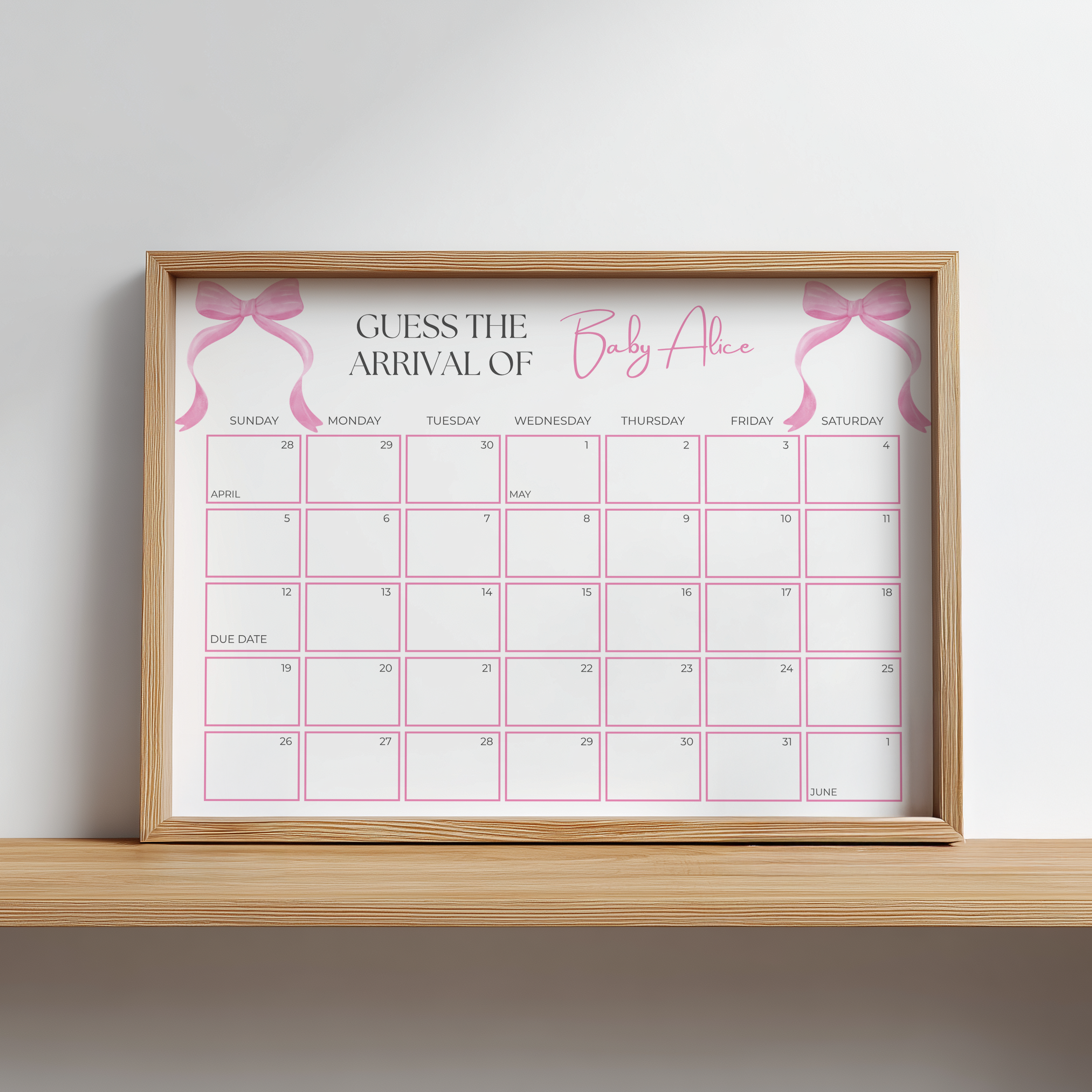 Pink Bow Baby Shower Due Date Calendar, Coquette Baby Girl, Baby Arrival Signs 9303