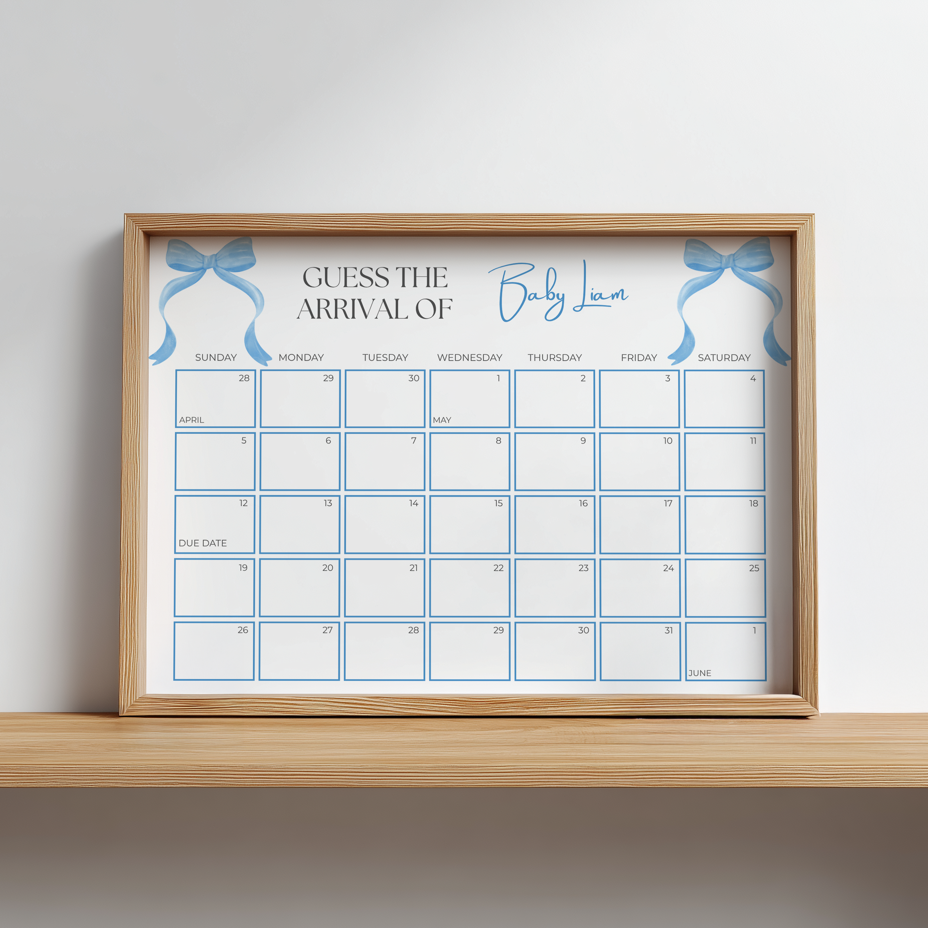 Blue Bow Baby Shower Due Date Calendar, Baby Arrival Signs 9304