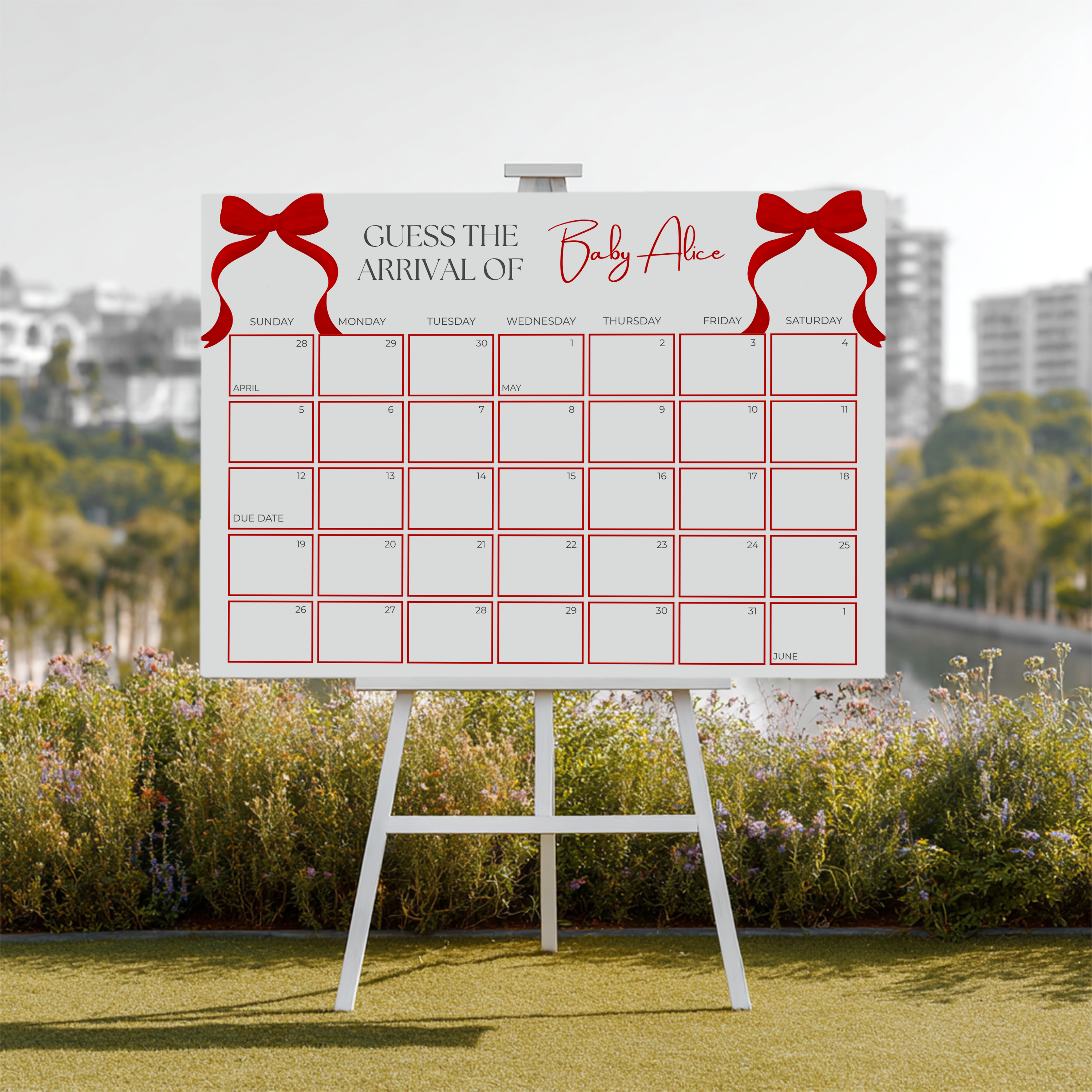 Red Bow Baby Shower Due Date Calendar, Gender Neutral, Baby Arrival Signs 9301