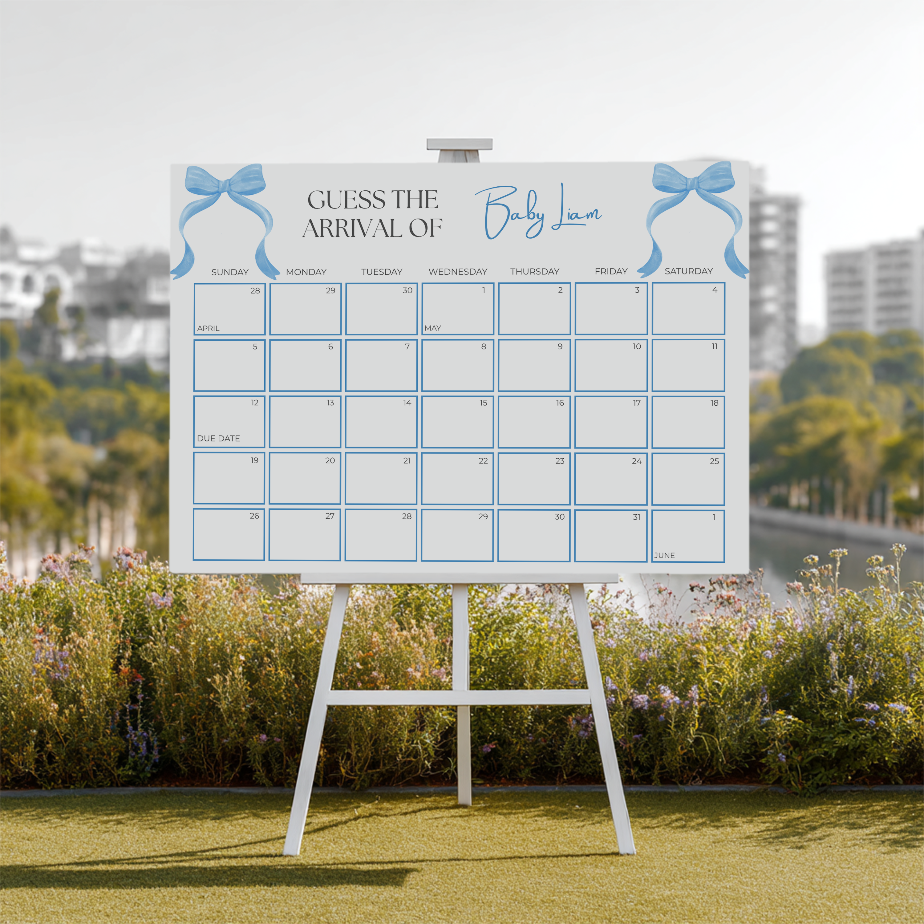 Blue Bow Baby Shower Due Date Calendar, Baby Arrival Signs 9304