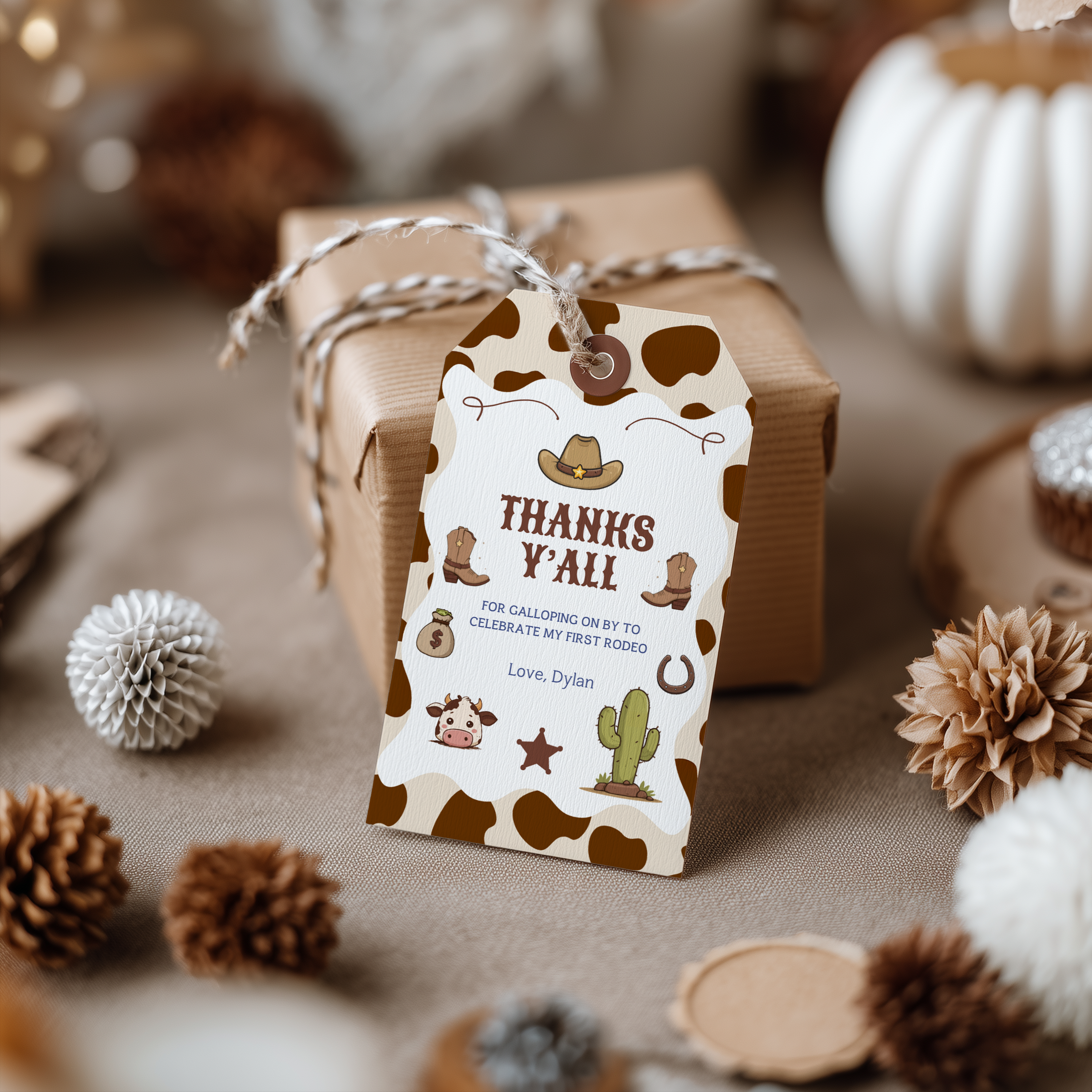 Editable Cowboy First Rodeo Birthday Favor Tags | Cowboy First Rodeo Thank You Tag | Western Party Favor Label | Canva Template 8539