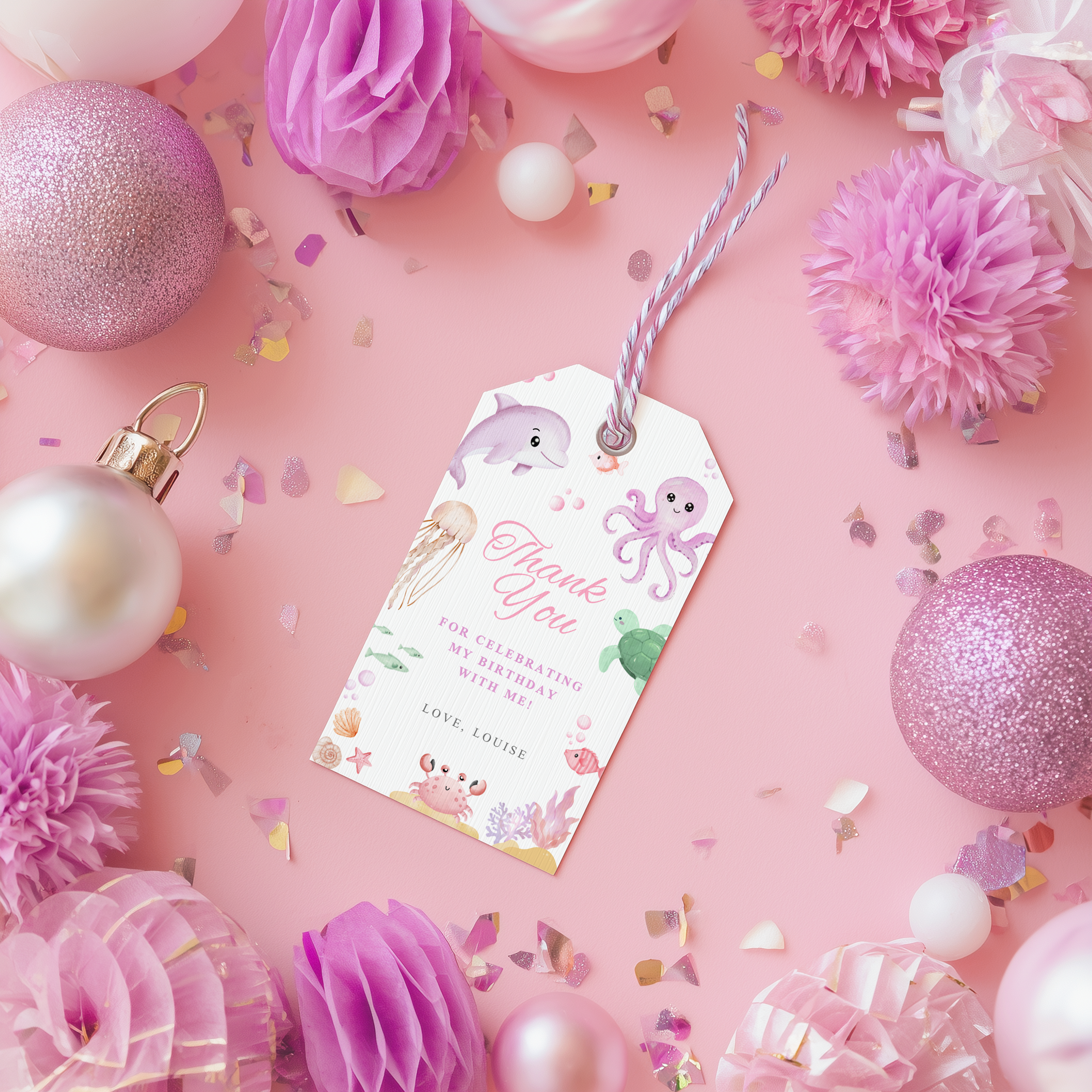 Oneder the sea Favor Tags, Under the sea pink Birthday Thank You, Printable Gift Tag 9180
