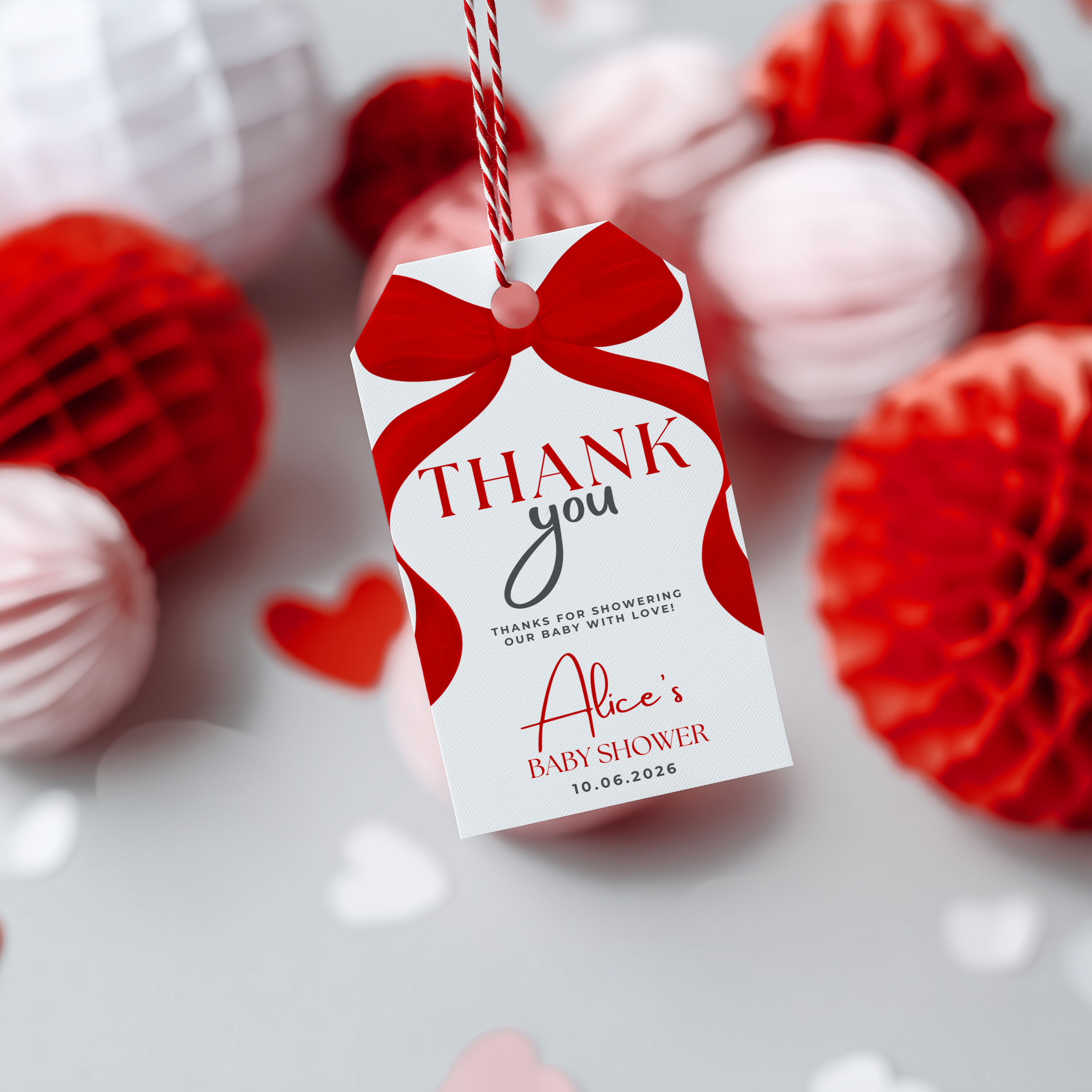 Red Bow Favor Tags, Baby Shower Thank You Tags, Gender Neutral (Digital Download) 9301