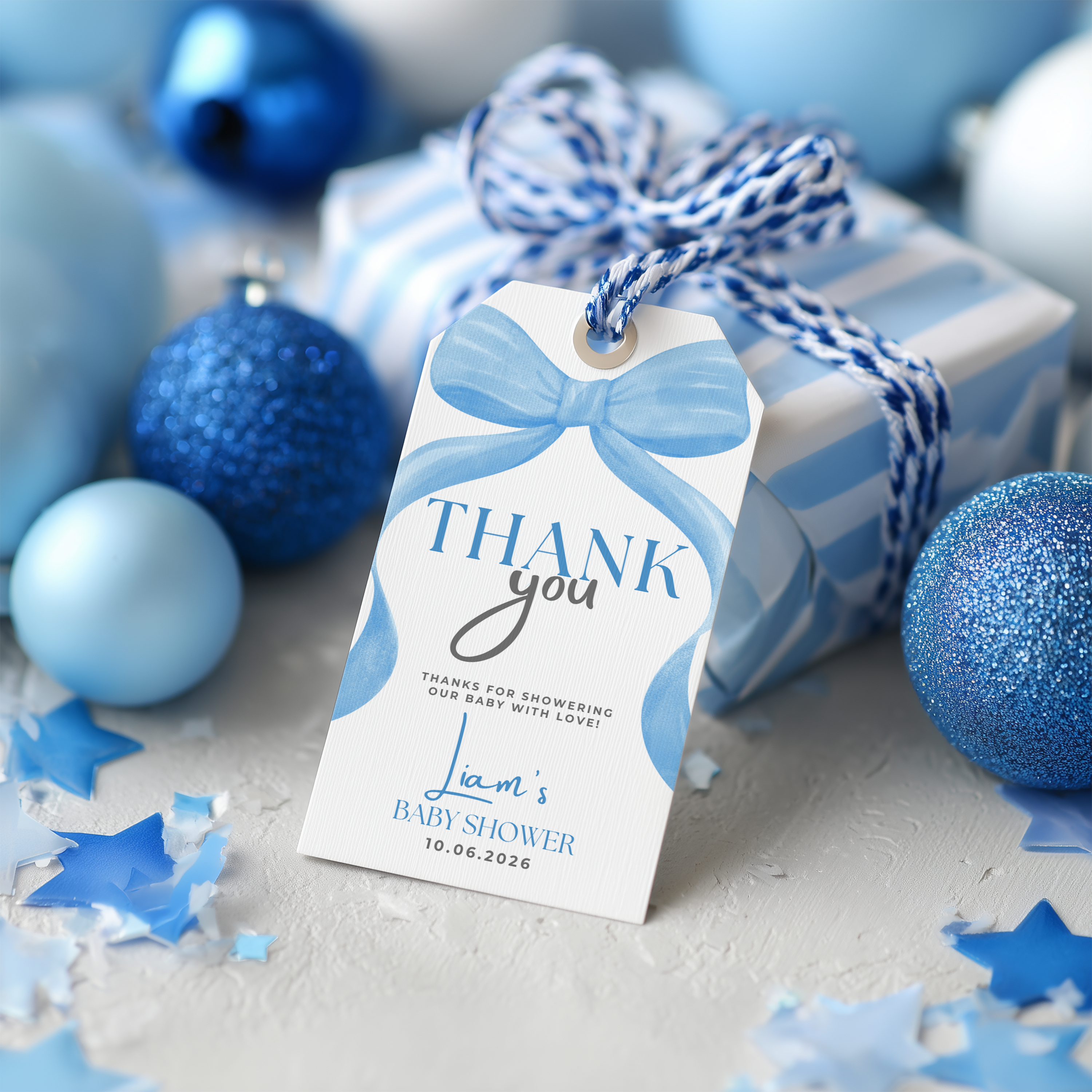 Blue Bow Baby Shower Favor Tags, Thank You Tags 9304