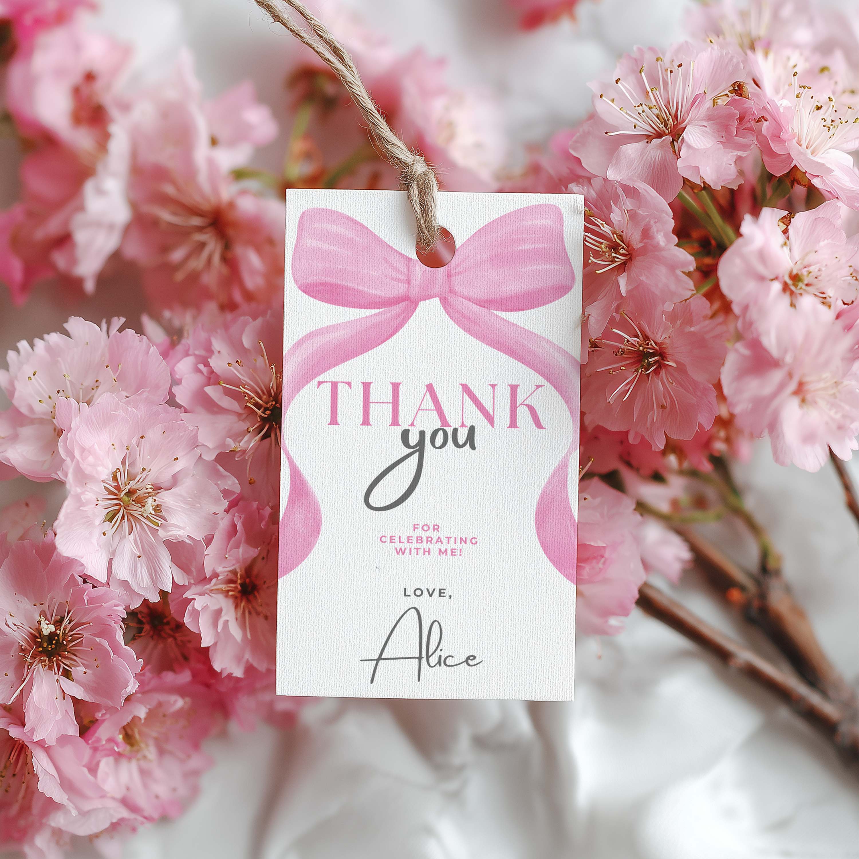 Pink Bow Birthday Favor tags EDITABLE, 1st Birthday Pink Bow Coquette Party Thank you tags, Gift tags Template download 9156