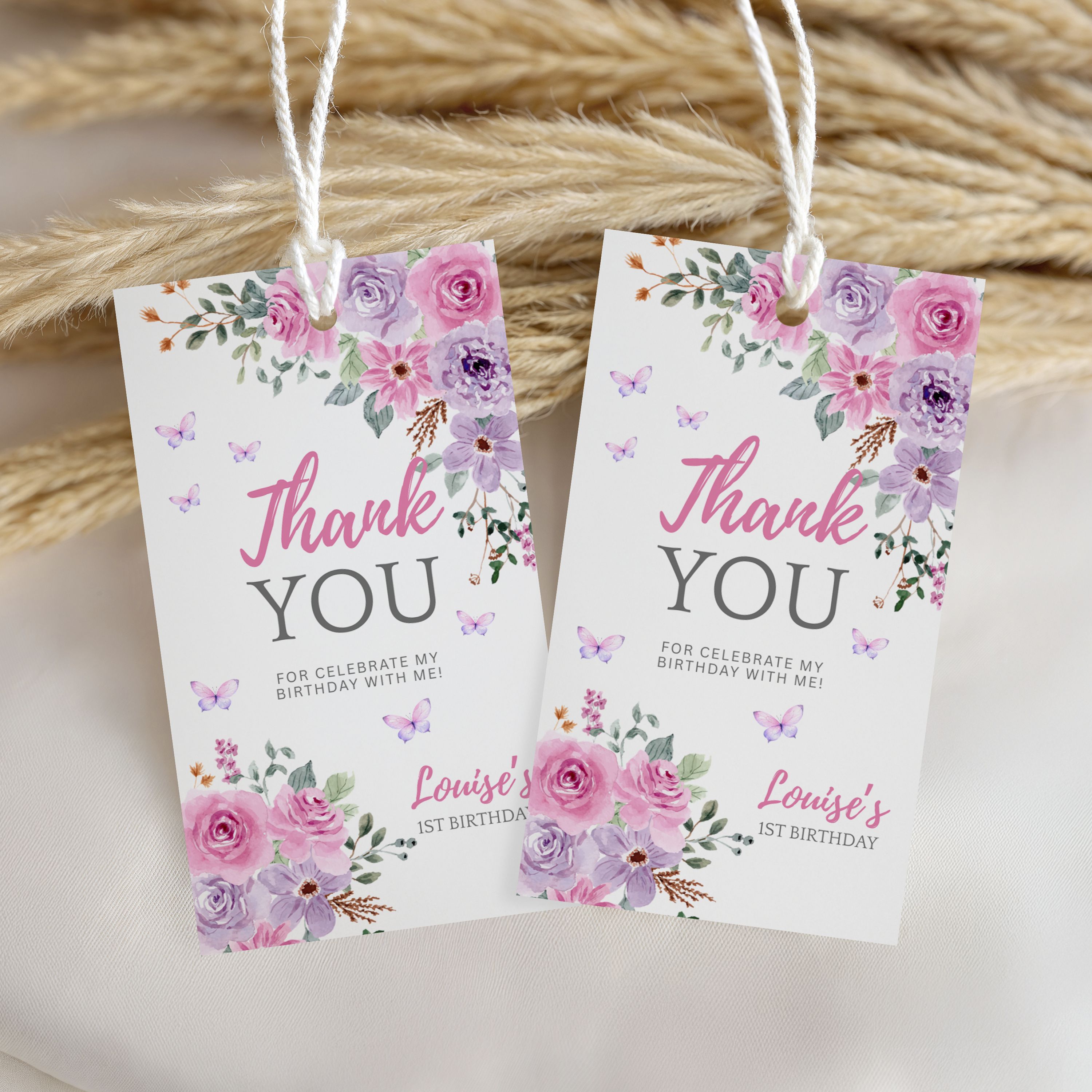 Butterfly Favor Tags, Birthday Thank You Tags, Purple Flowers Printable Gift Tag 9194