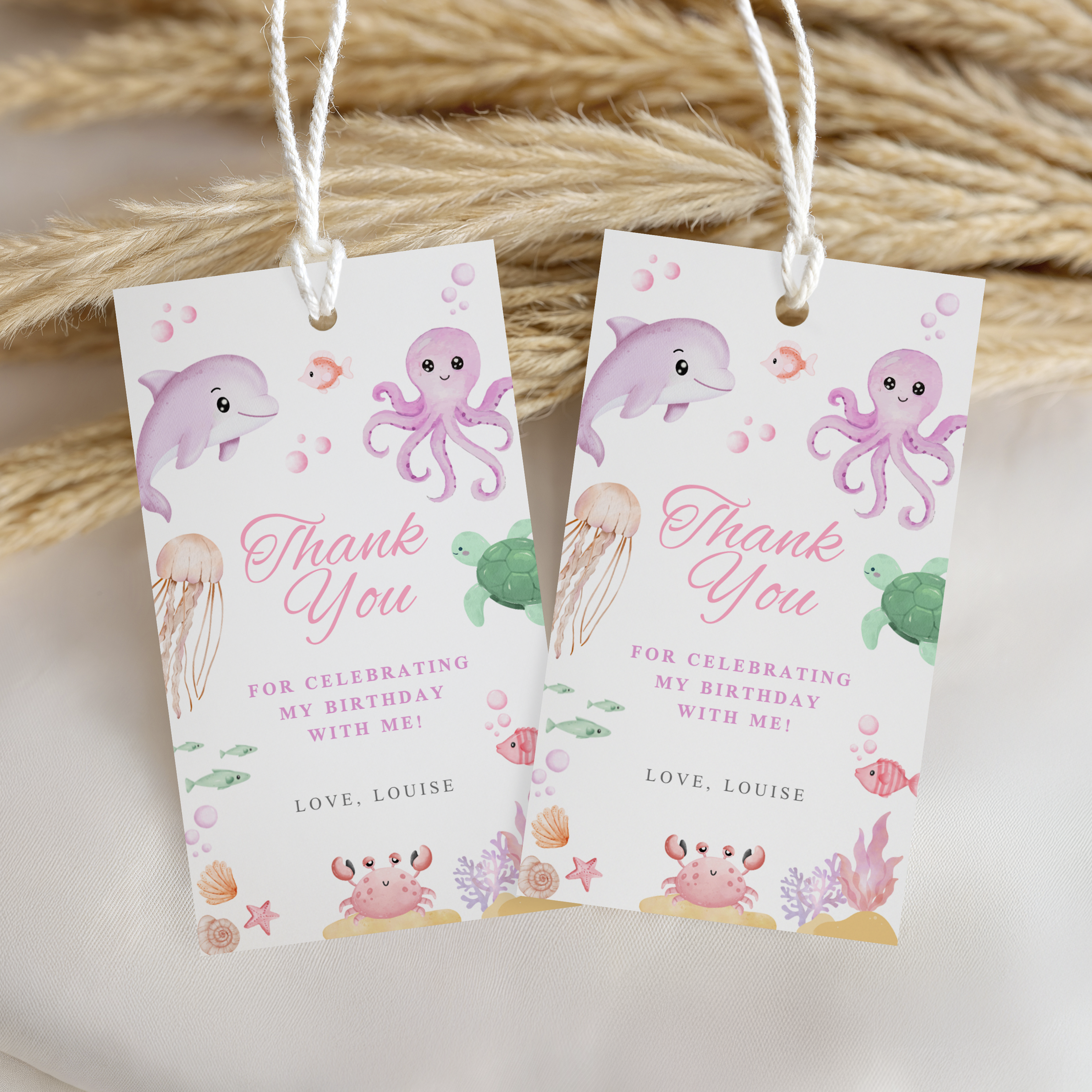 Oneder the sea Favor Tags, Under the sea pink Birthday Thank You, Printable Gift Tag 9180
