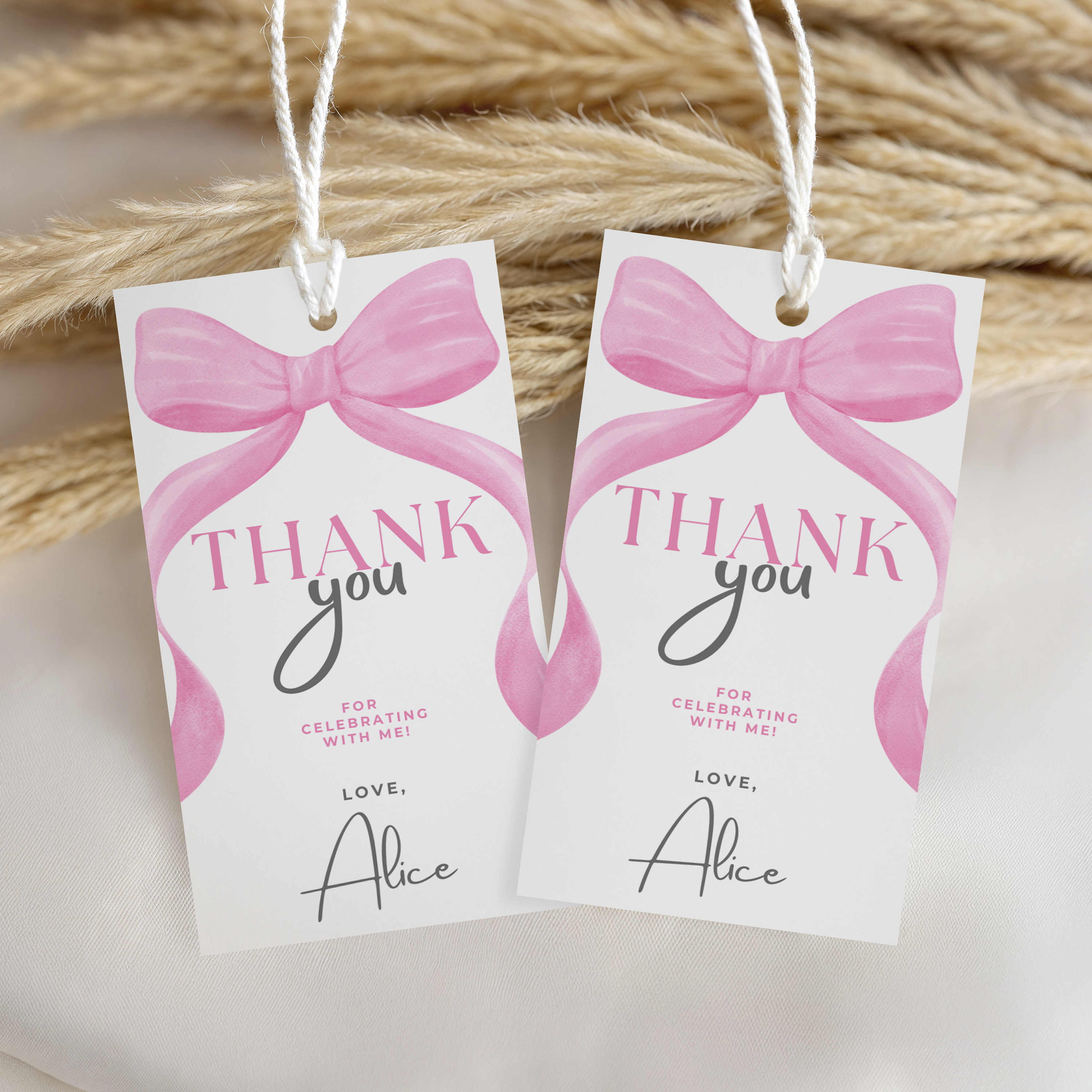 Pink Bow Birthday Favor tags EDITABLE, 1st Birthday Pink Bow Coquette Party Thank you tags, Gift tags Template download 9156
