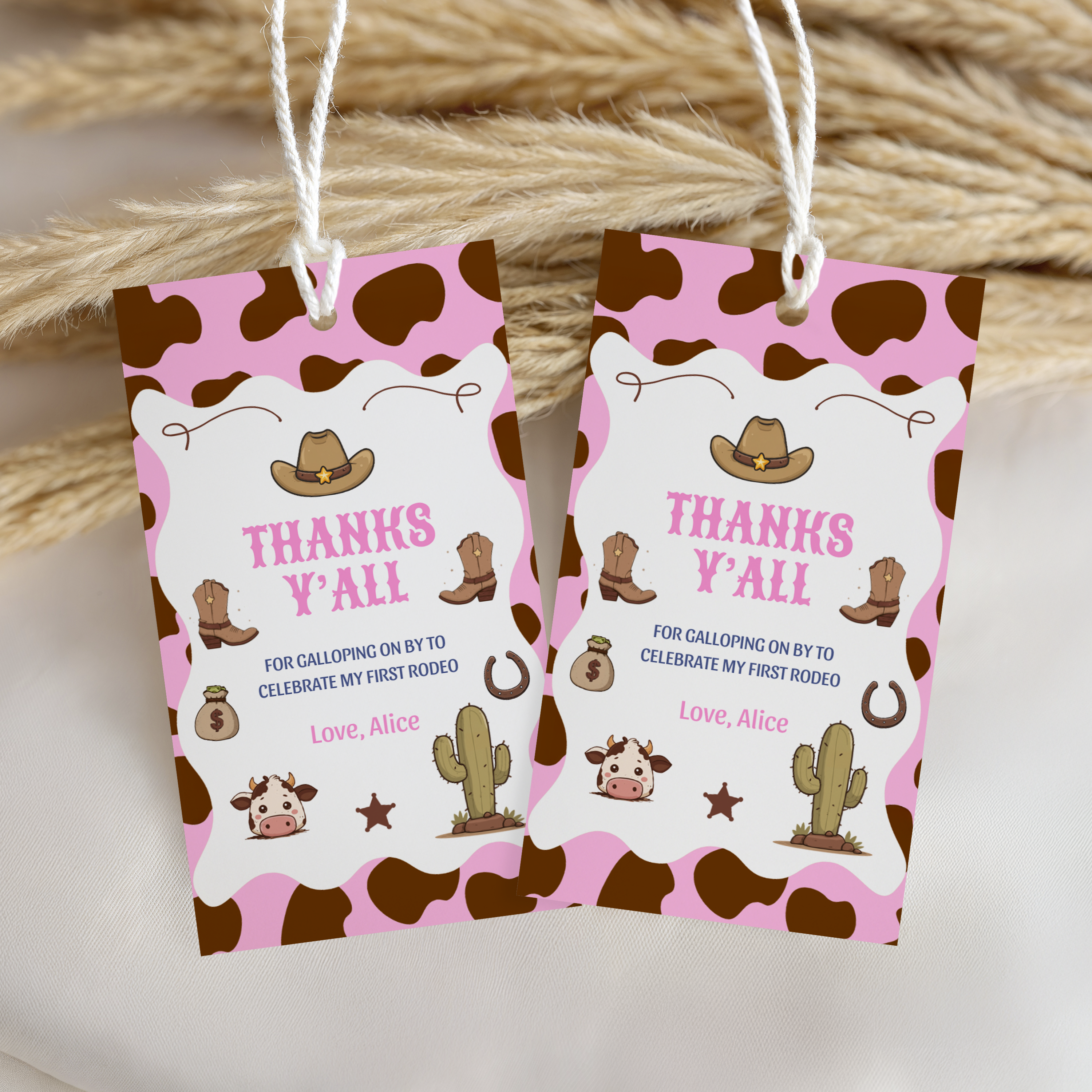 Editable Cowgirl First Rodeo Birthday Favor Tags, Cowgirl First Rodeo Thank You Tag, Canva Template 8538
