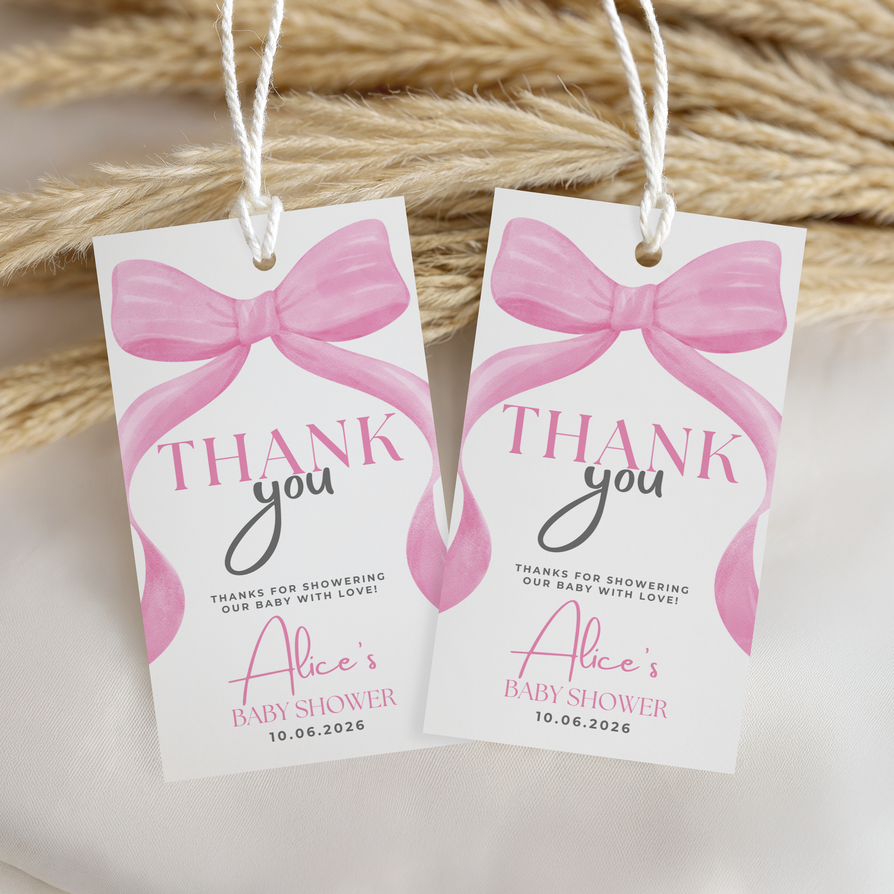 Pink Bow Favor Tags, Pink Coquette Bow Baby Shower Thank You Tags 9303
