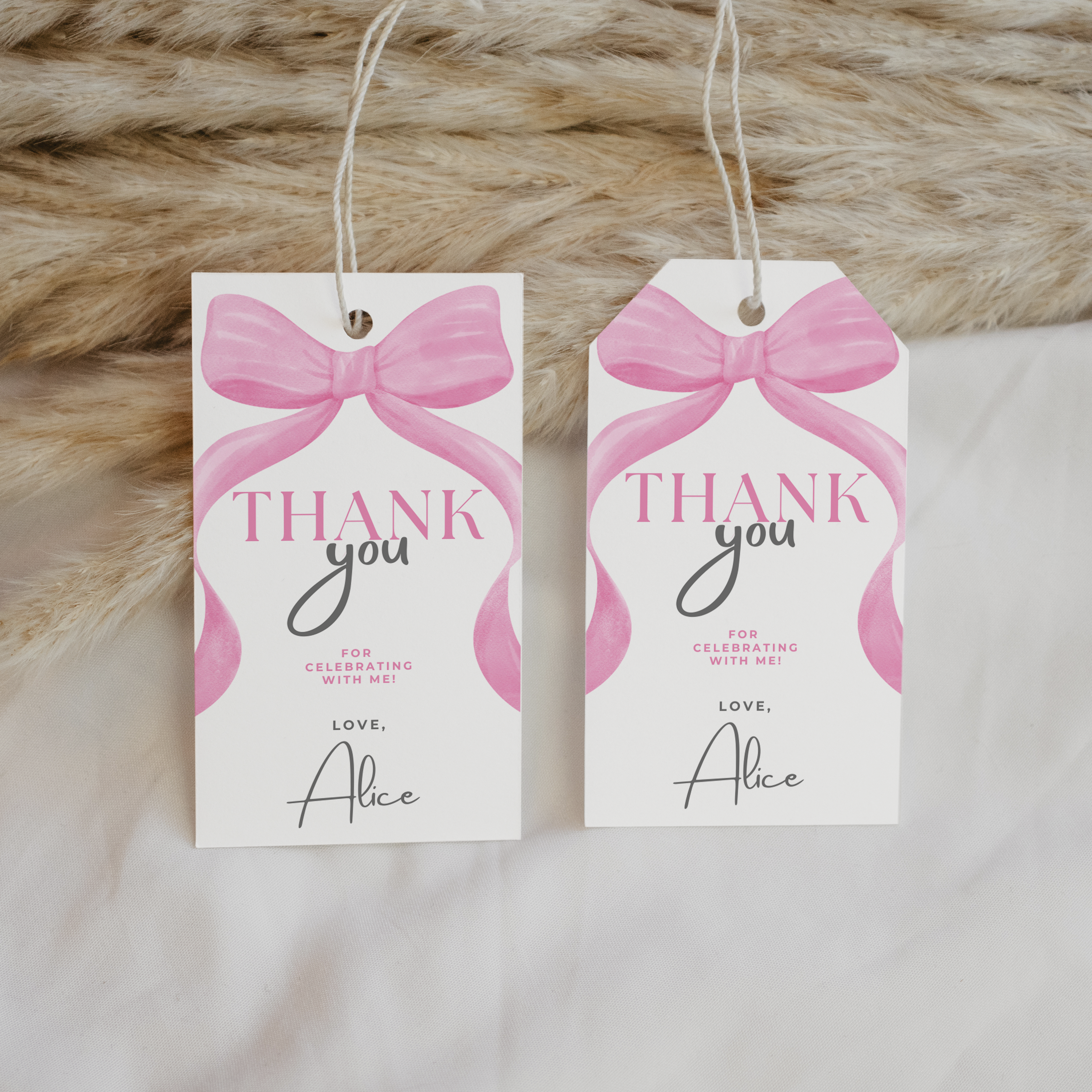 Pink Bow Birthday Favor tags EDITABLE, 1st Birthday Pink Bow Coquette Party Thank you tags, Gift tags Template download 9156