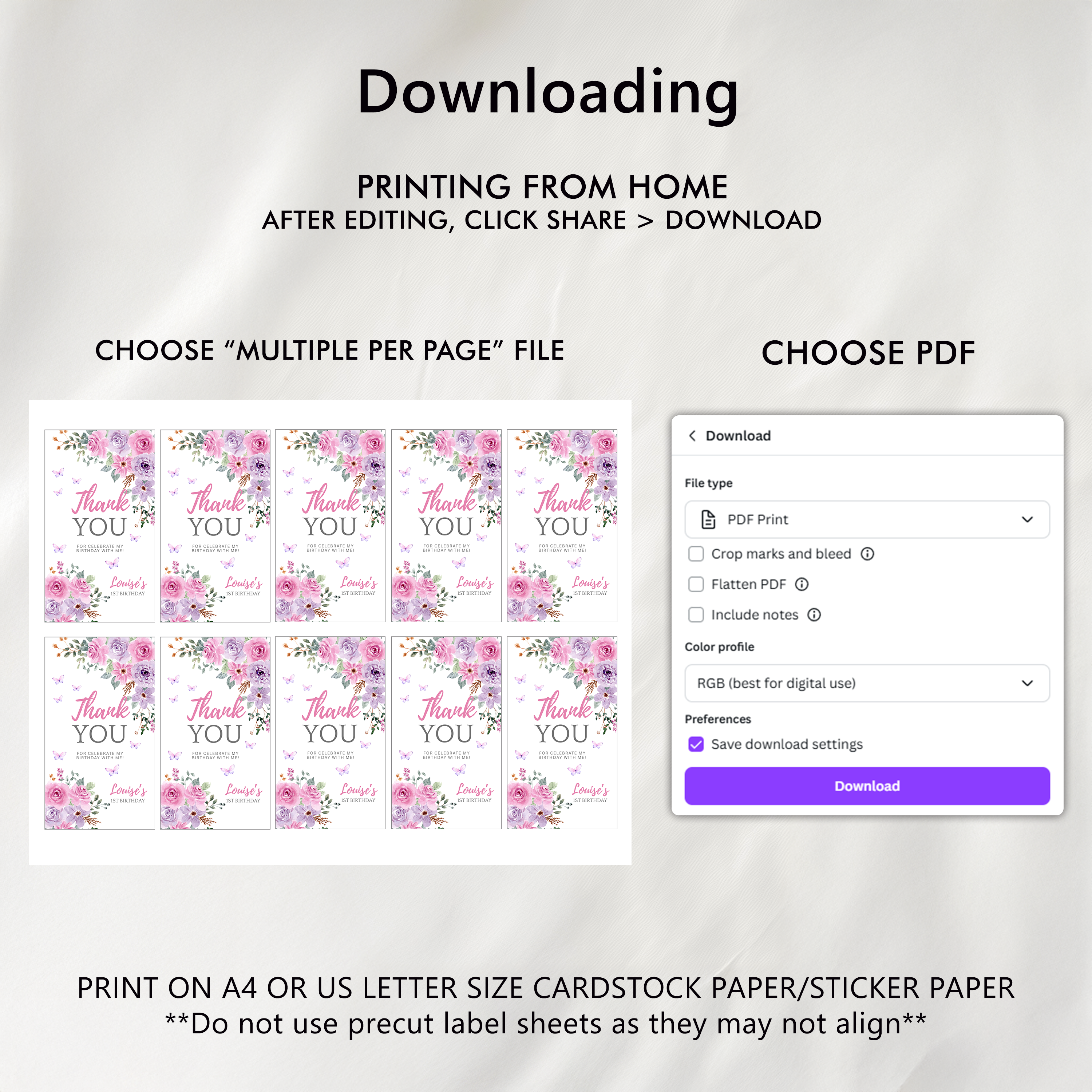 Butterfly Favor Tags, Birthday Thank You Tags, Purple Flowers Printable Gift Tag 9194