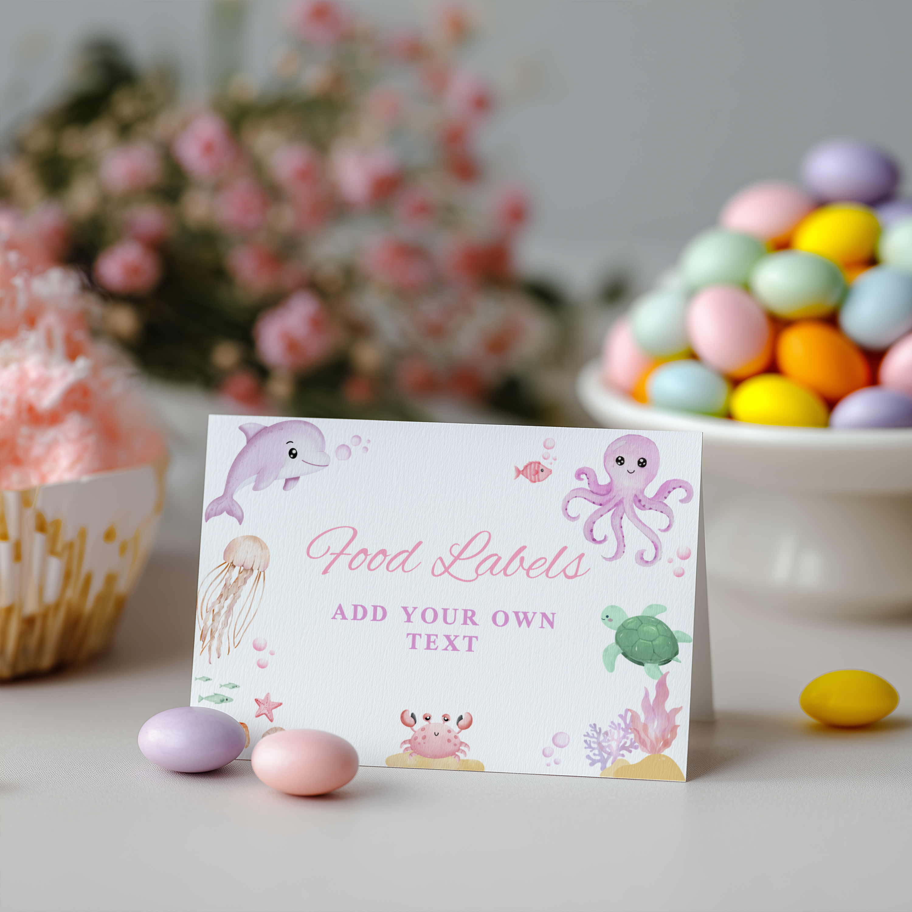Oneder the sea Food Labels, Under the sea Pink Birthday Label Tent Card 9180