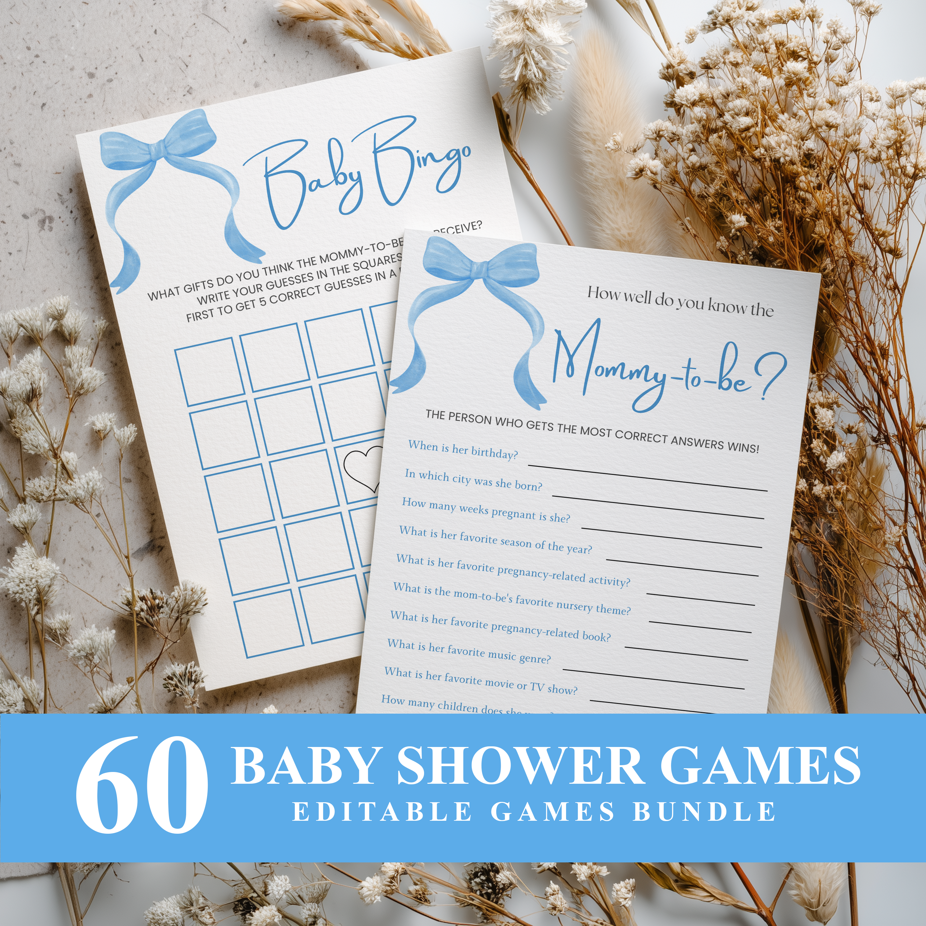 Blue Bow Baby Shower Games, Party Games Pack 9304