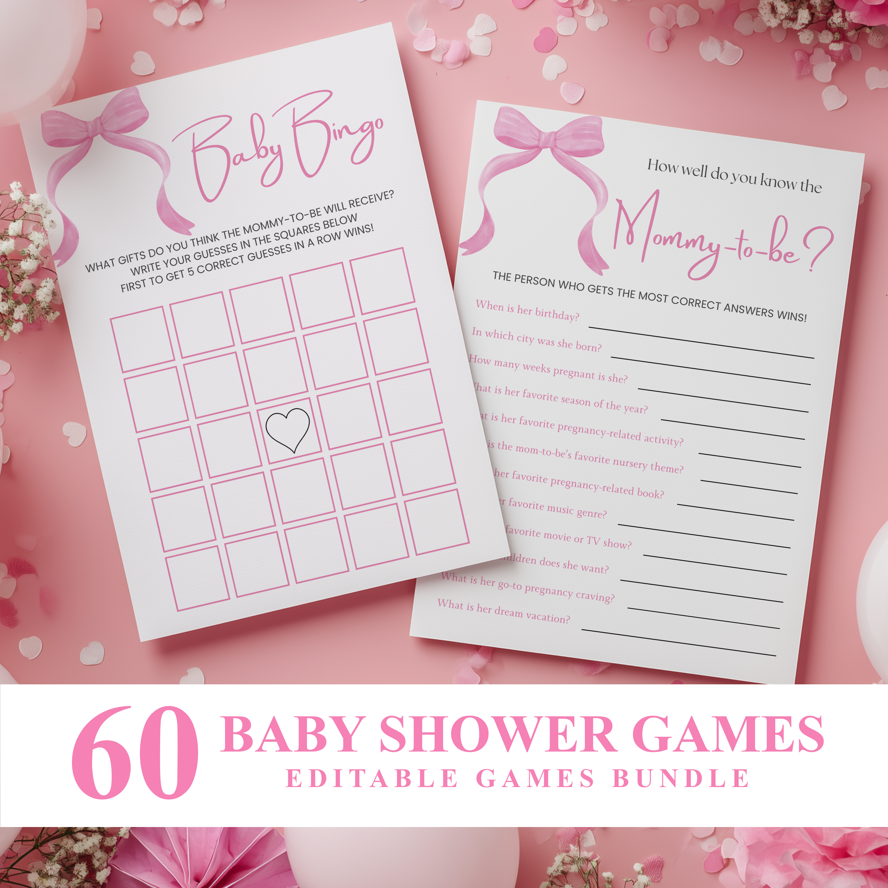 Pink Bow Baby Shower Games, Baby Shower, Coquette Party Games Pack 9303