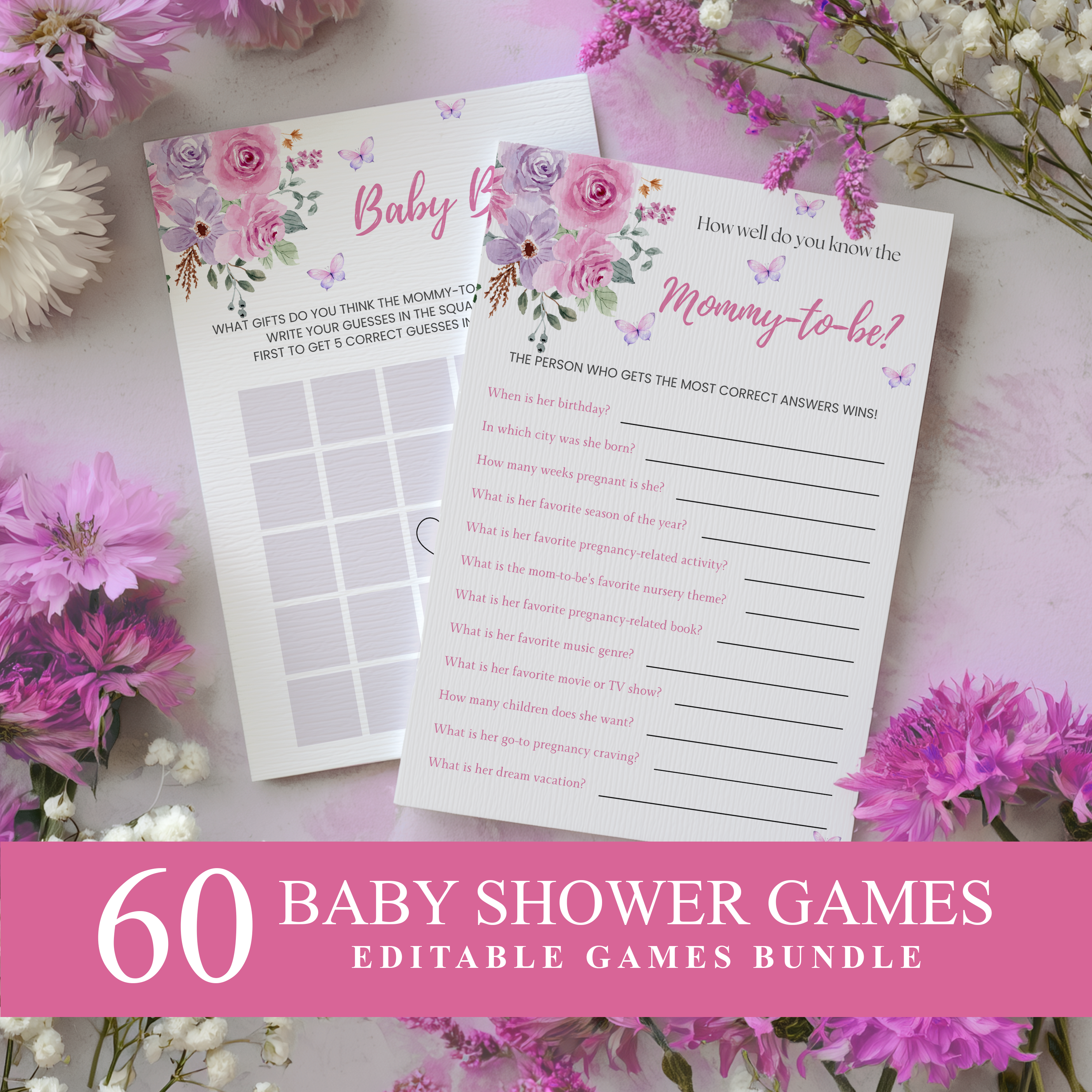 Baby in Bloom Baby Shower Games, Purple Pink Flowers Party Games Pack 9196