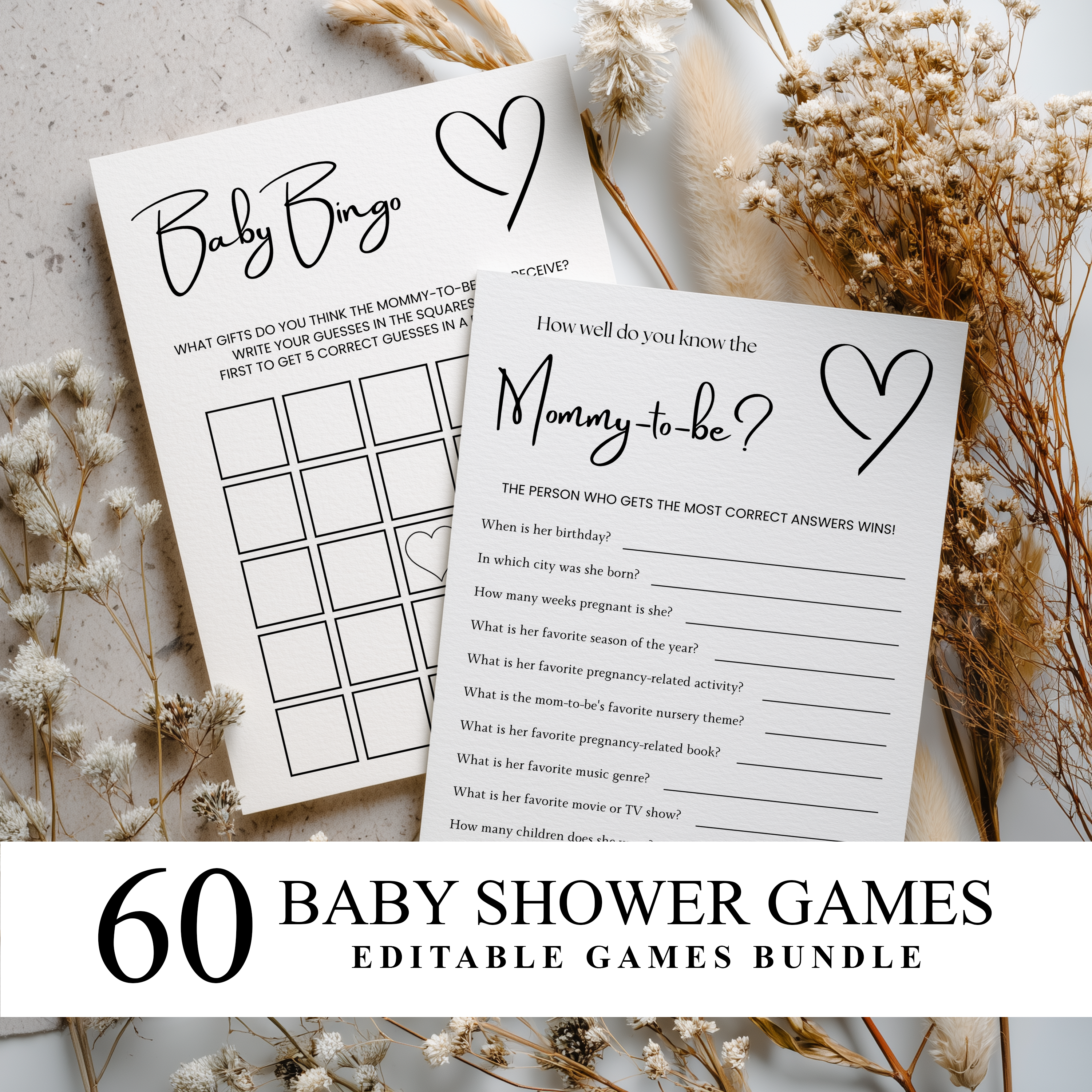 Minimalist Baby Shower Games, Gender Neutral, Simple Modern Party Games Pack 9302