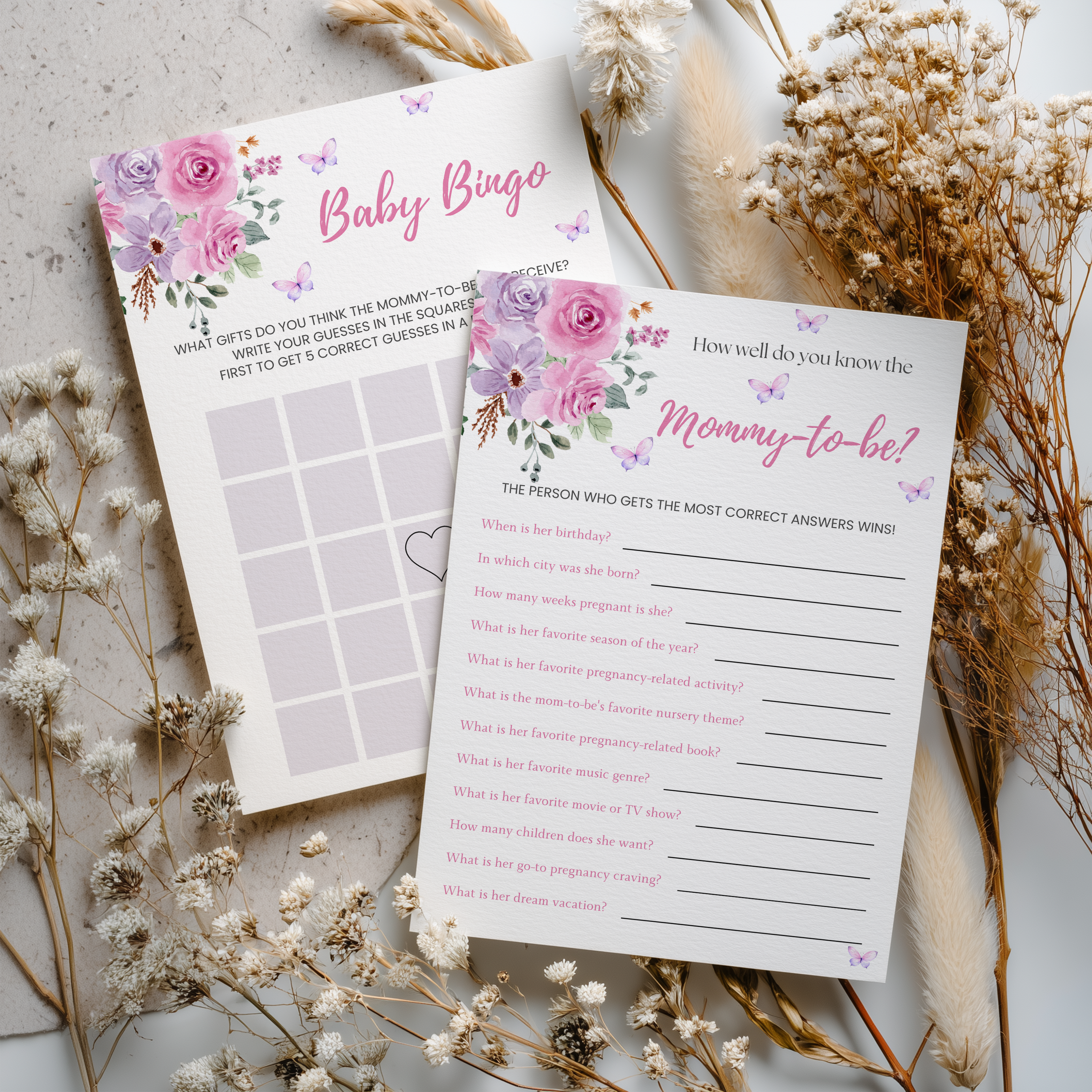 Baby in Bloom Baby Shower Games, Purple Pink Flowers Party Games Pack 9196