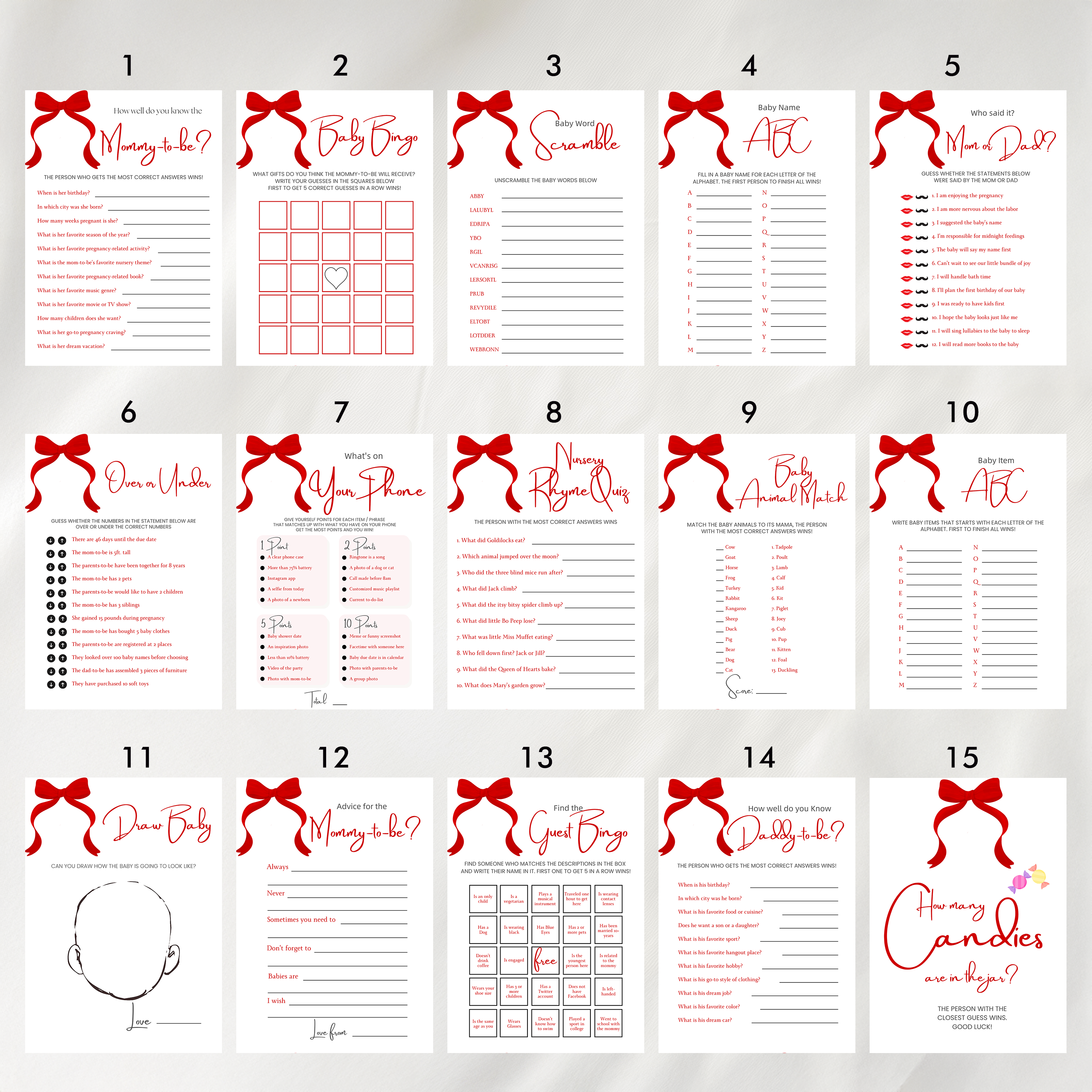 Red Bow Baby Shower Games, Gender Neutral Party Games Pack 9301