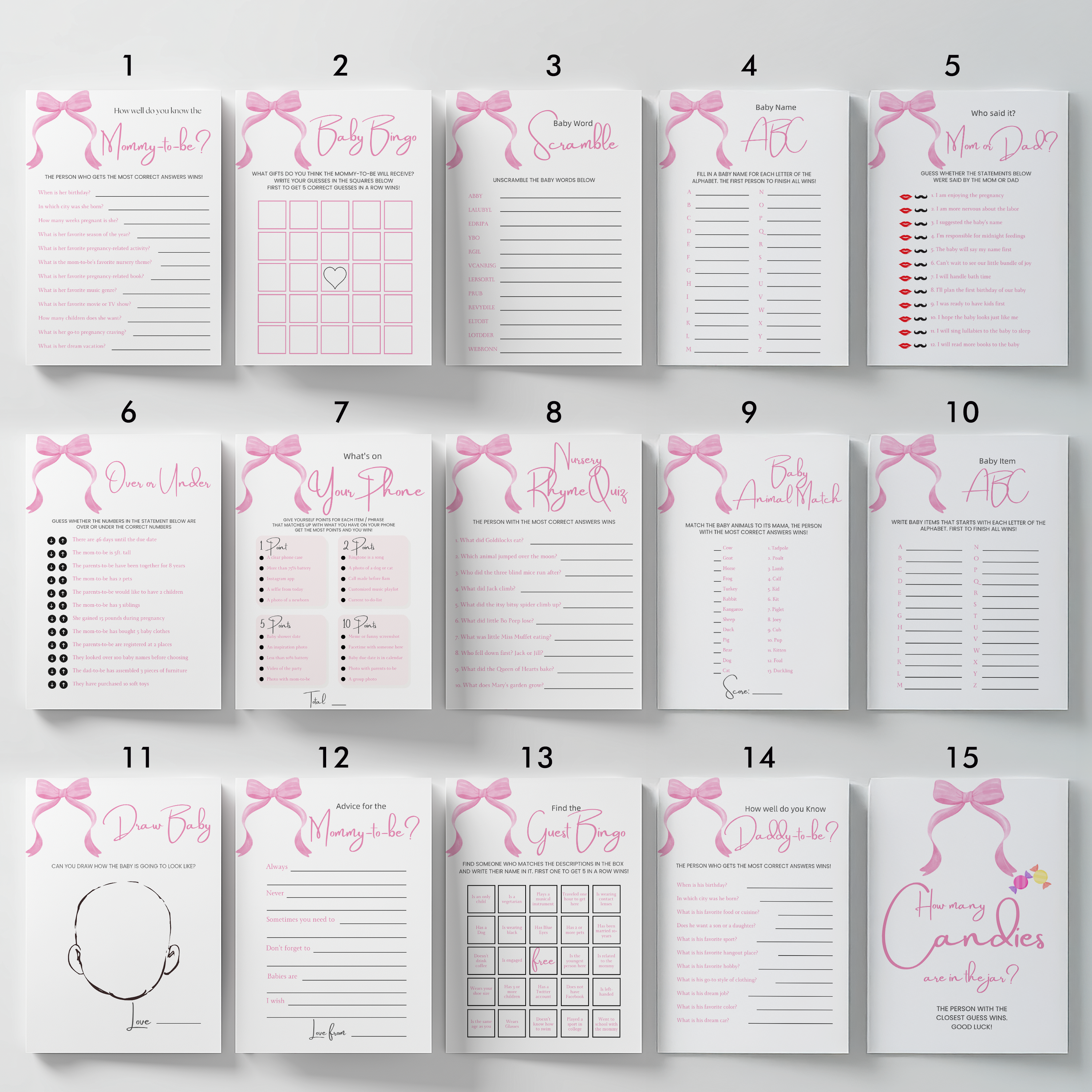 Pink Bow Baby Shower Games, Baby Shower, Coquette Party Games Pack 9303
