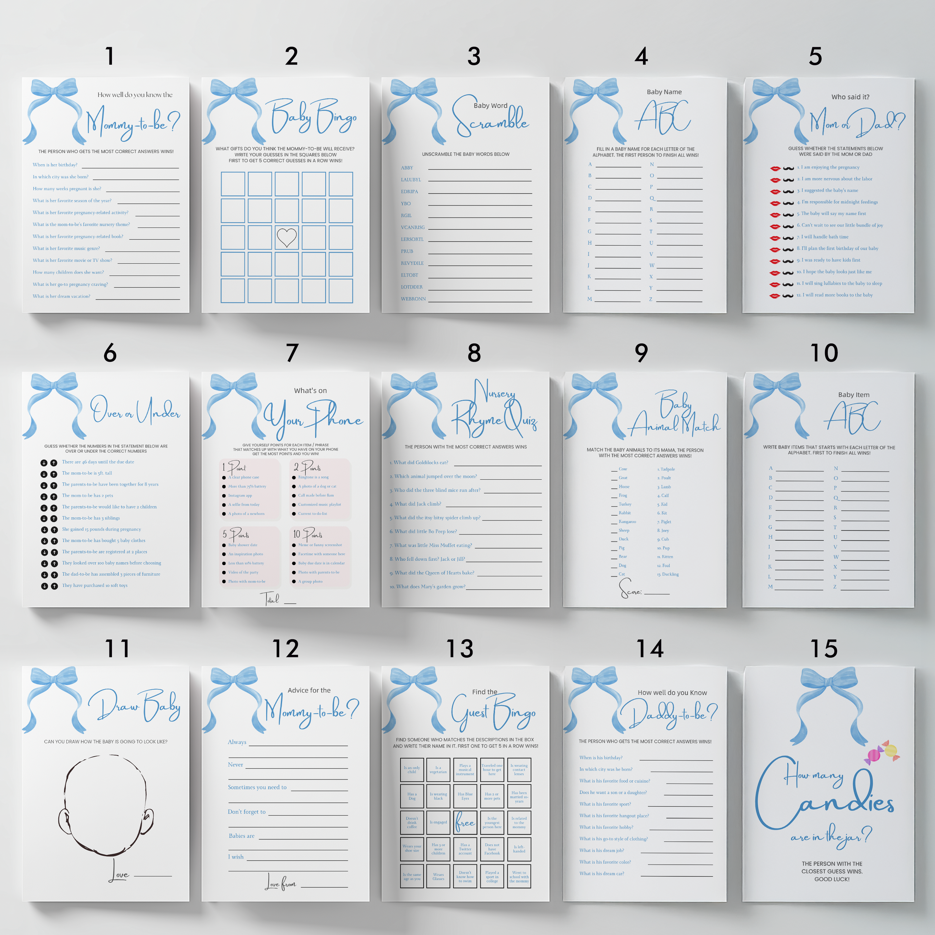 Blue Bow Baby Shower Games, Party Games Pack 9304