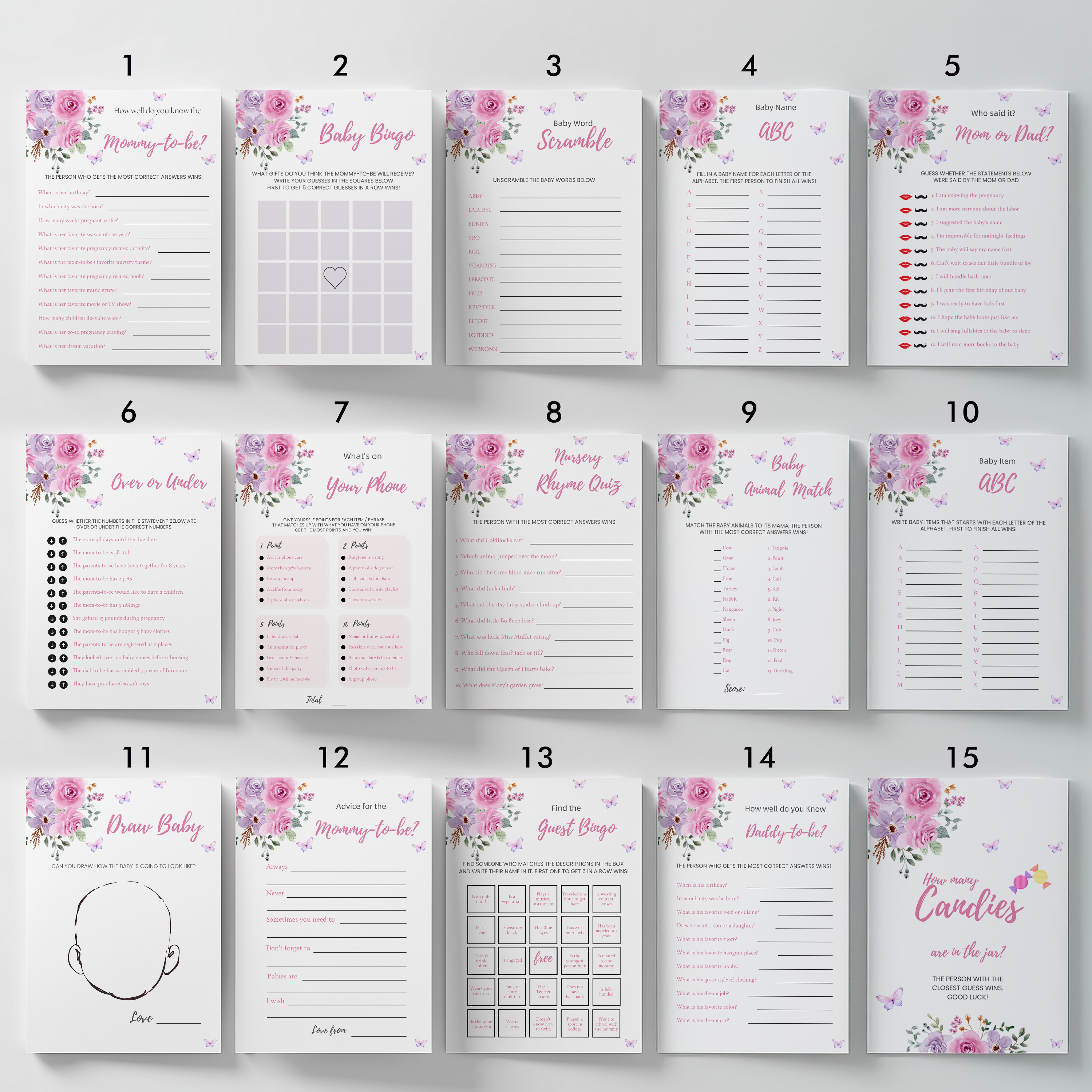 Baby in Bloom Baby Shower Games, Purple Pink Flowers Party Games Pack 9196