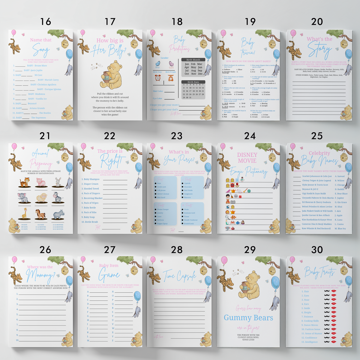 Winnie the Pooh Gender Reveal Games, Baby Shower Printable Party Games