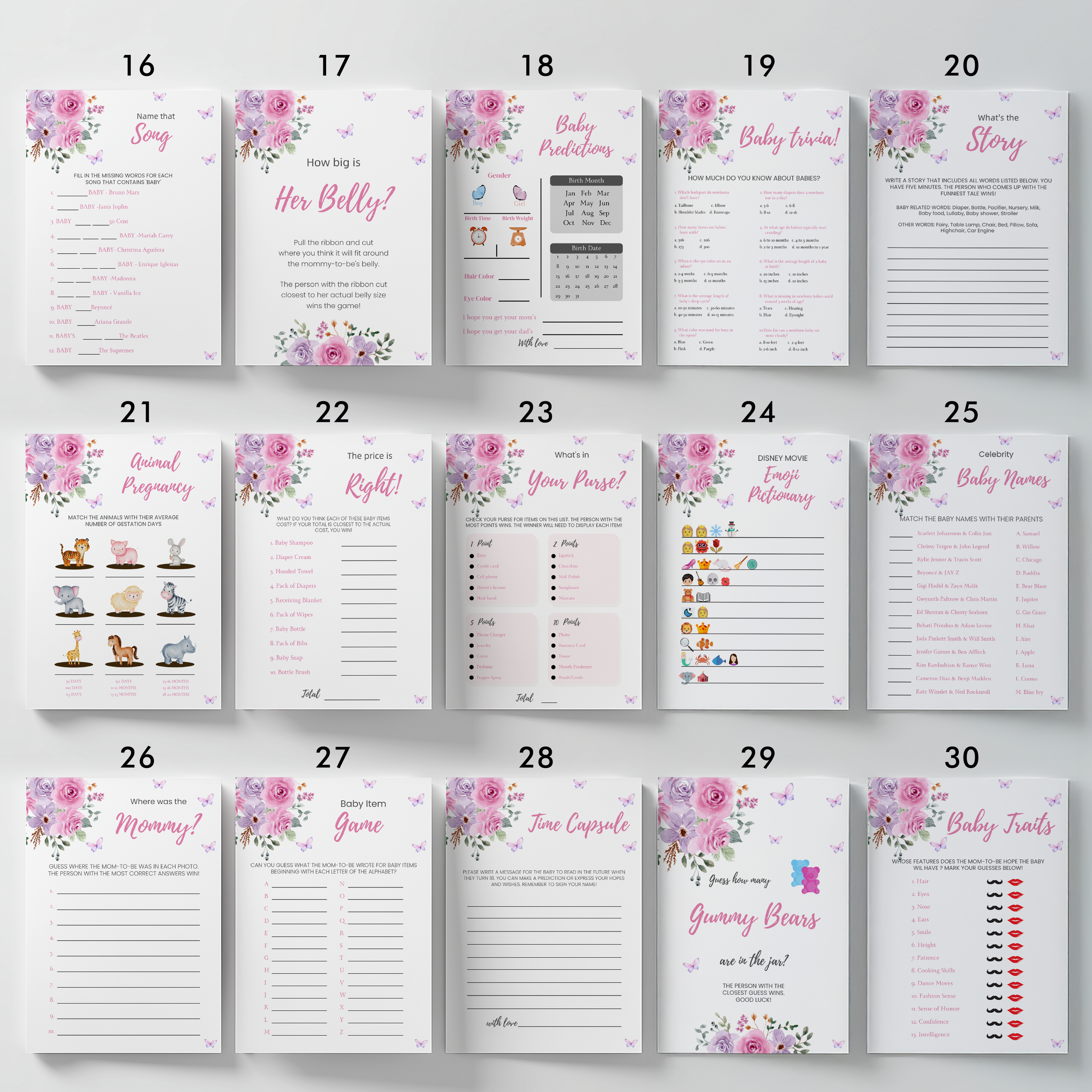 Baby in Bloom Baby Shower Games, Purple Pink Flowers Party Games Pack 9196