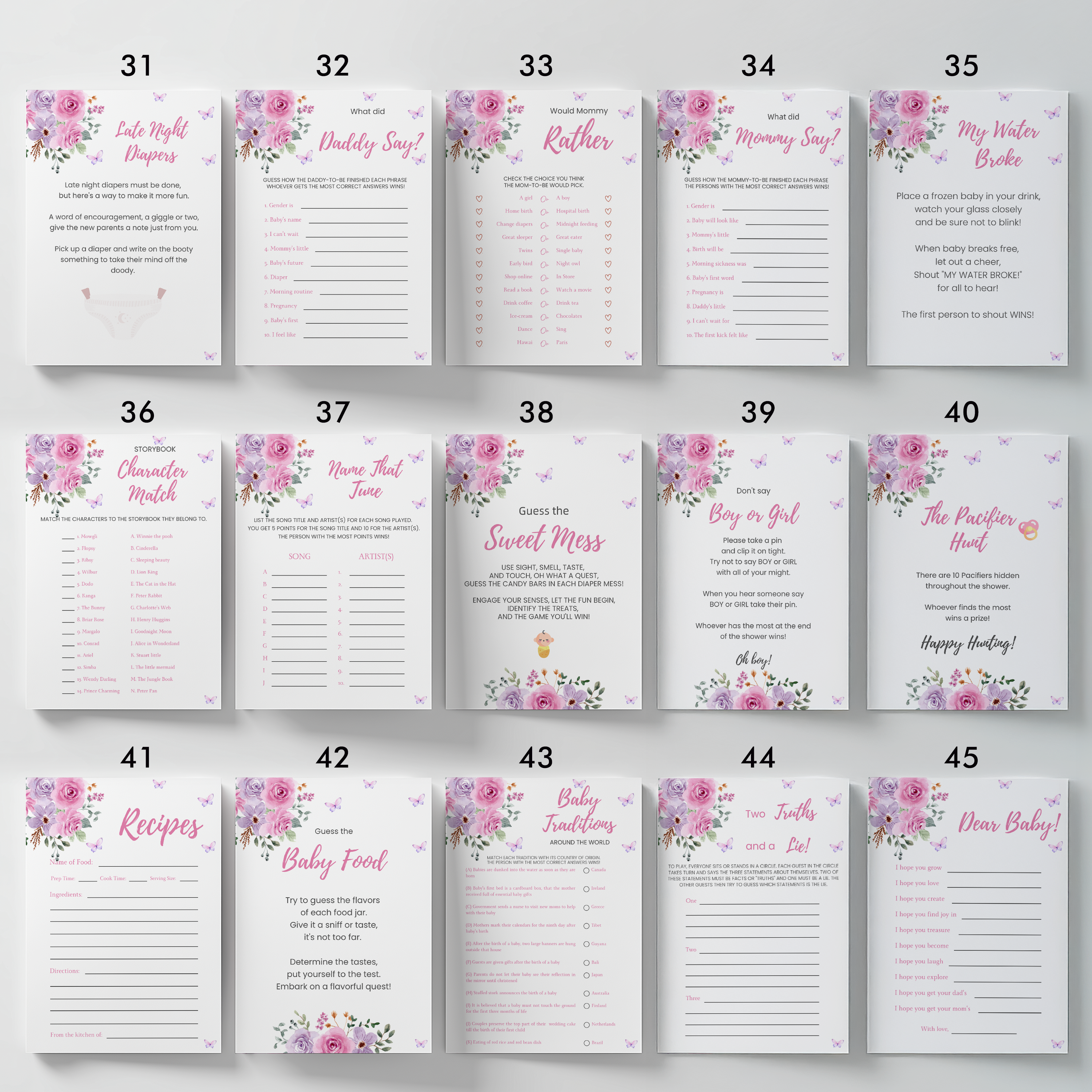 Baby in Bloom Baby Shower Games, Purple Pink Flowers Party Games Pack 9196