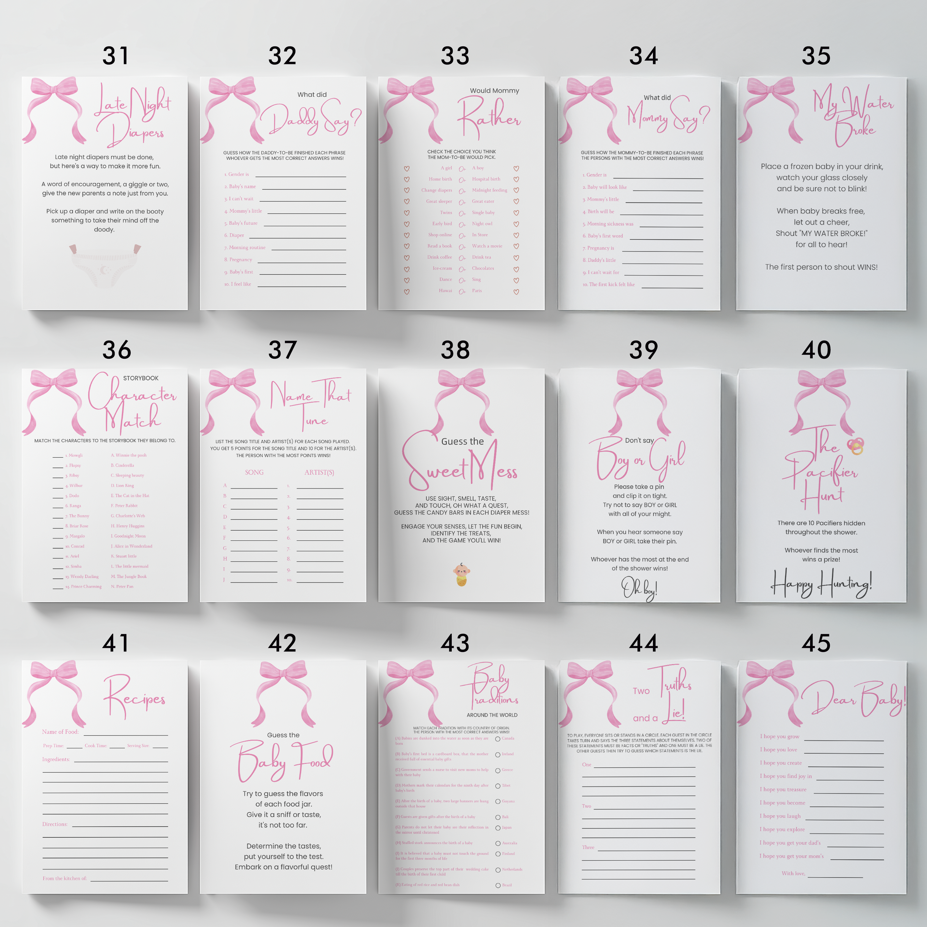 Pink Bow Baby Shower Games, Baby Shower, Coquette Party Games Pack 9303