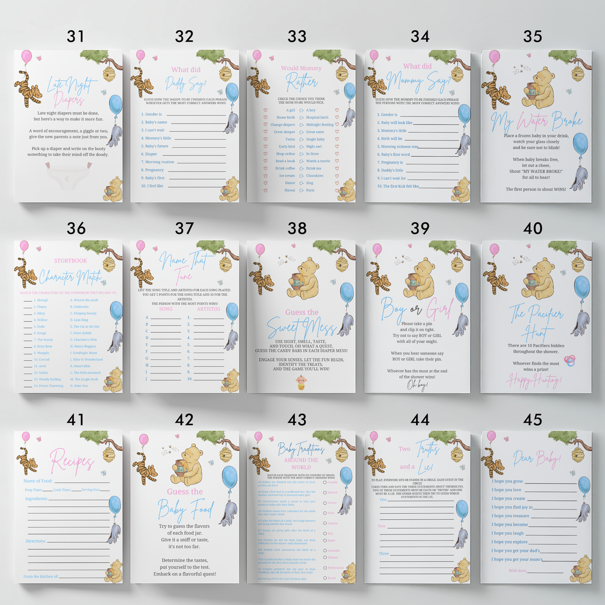Winnie the Pooh Gender Reveal Games, Baby Shower Printable Party Games