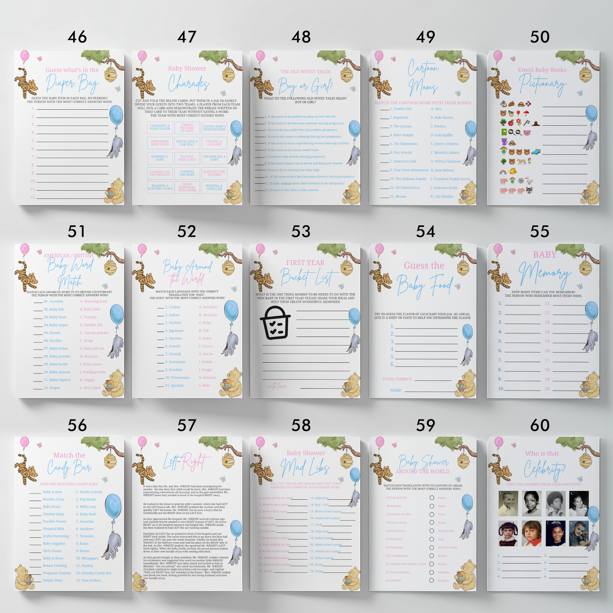 Winnie the Pooh Gender Reveal Games, Baby Shower Printable Party Games