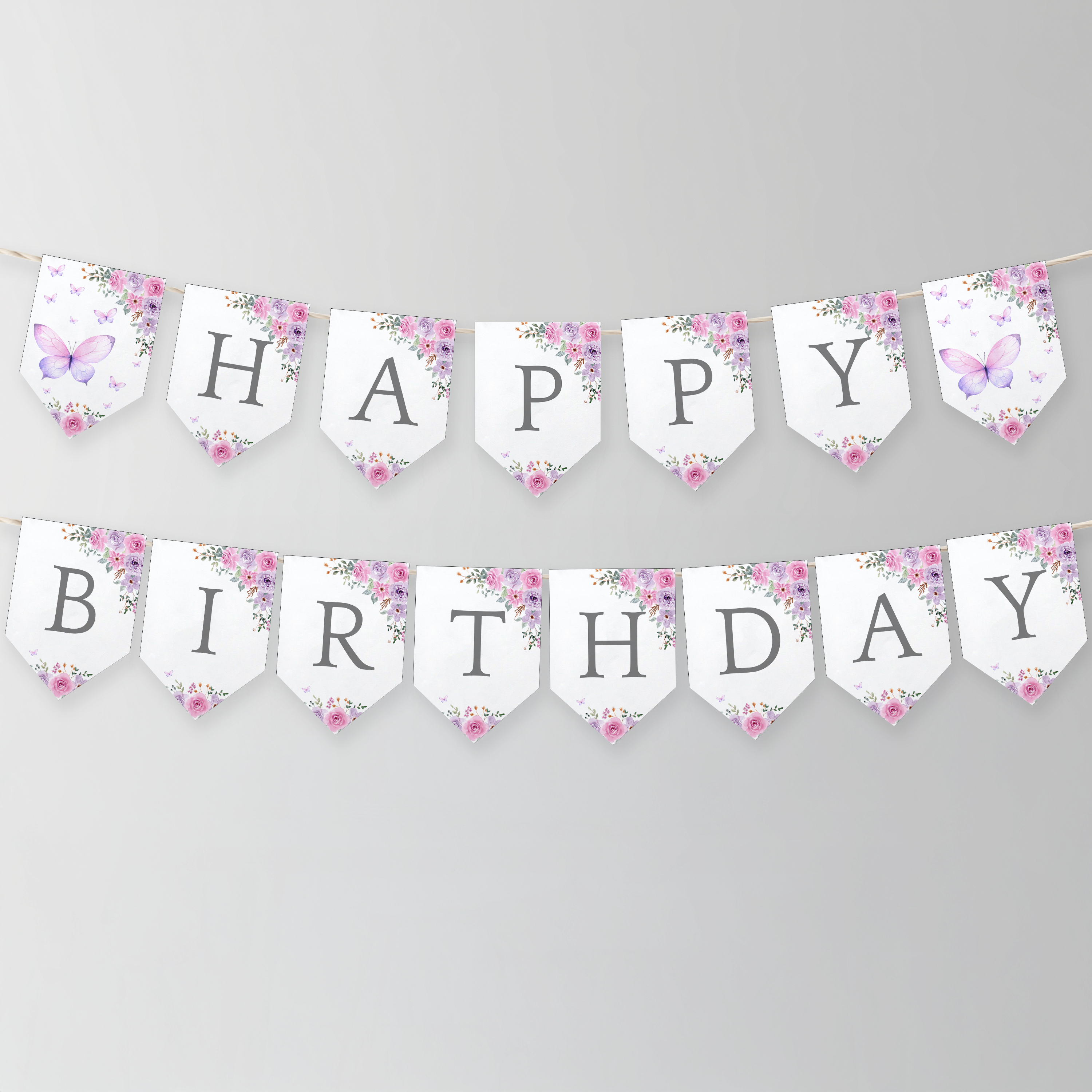 Butterfly Birthday Banner, Purple Flowers Happy Birthday Printable Banners 9194