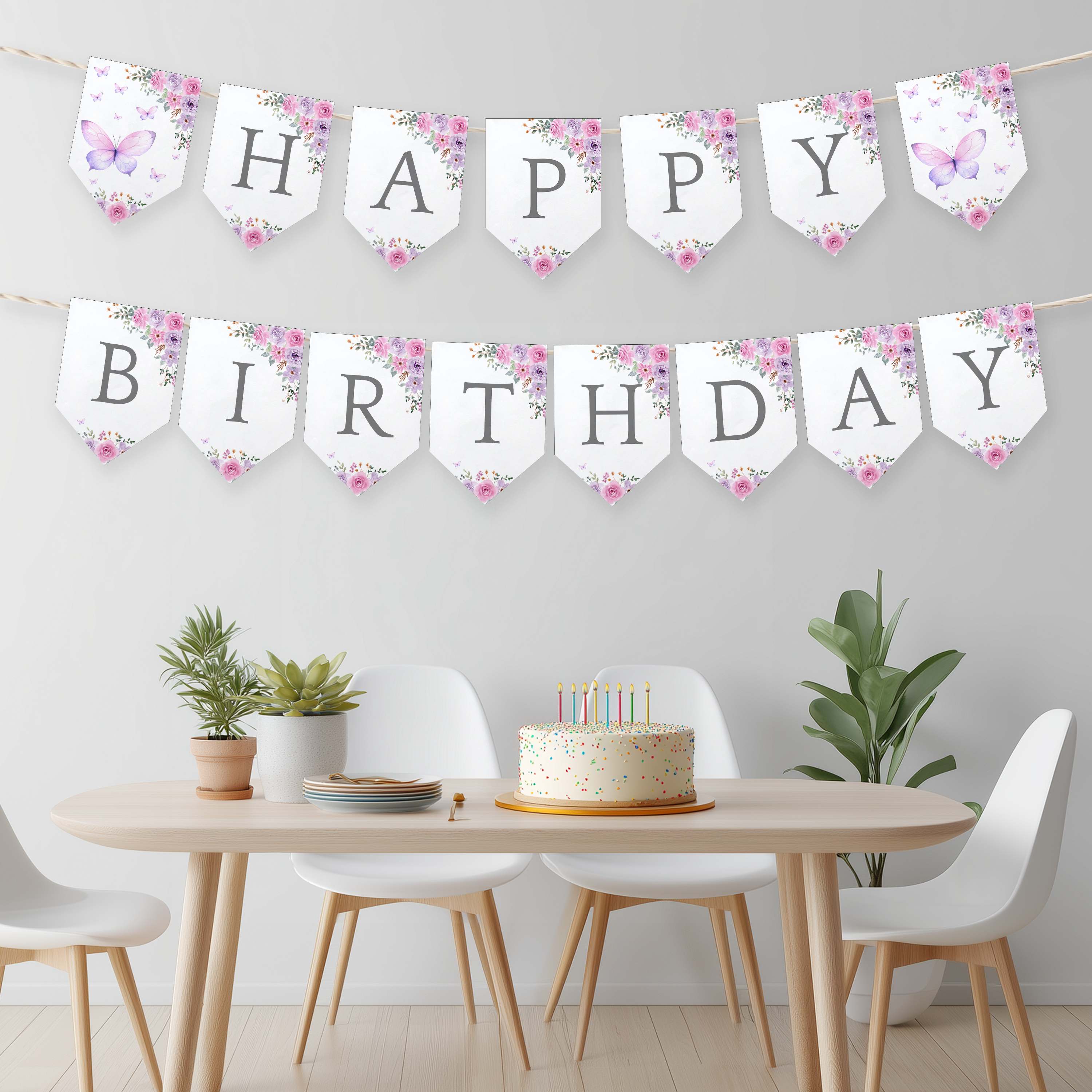 Butterfly Birthday Banner, Purple Flowers Happy Birthday Printable Banners 9194