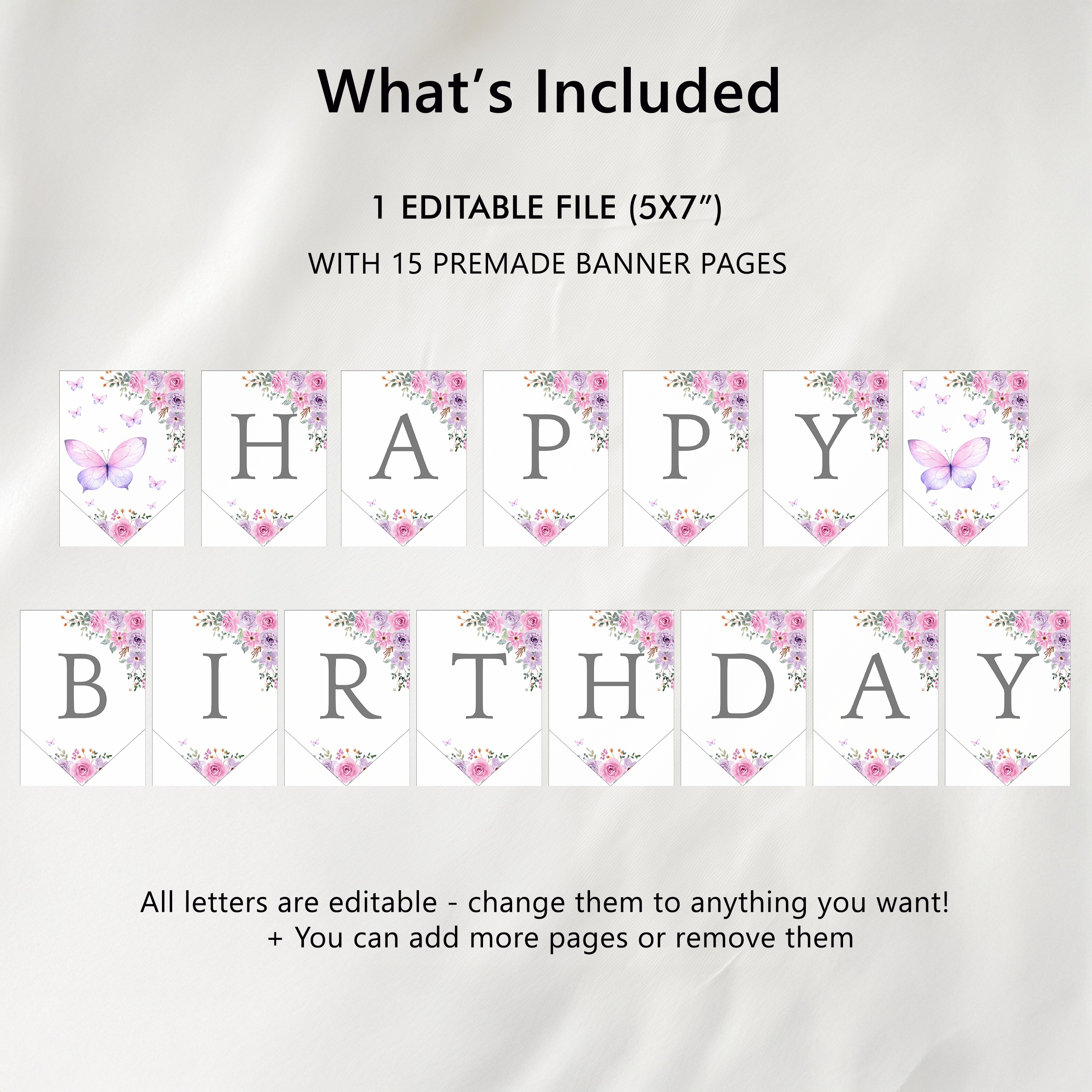 Butterfly Birthday Banner, Purple Flowers Happy Birthday Printable Banners 9194